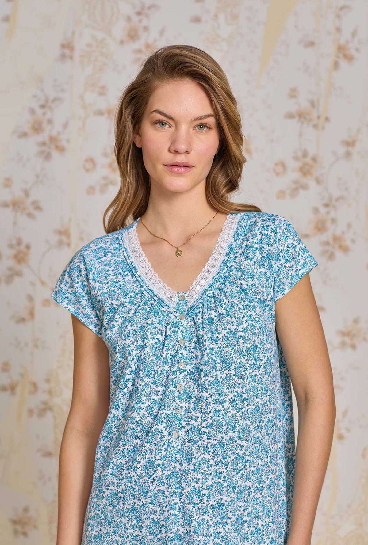 A lady wearing Morning Meadow Cotton Knit Nightshirt