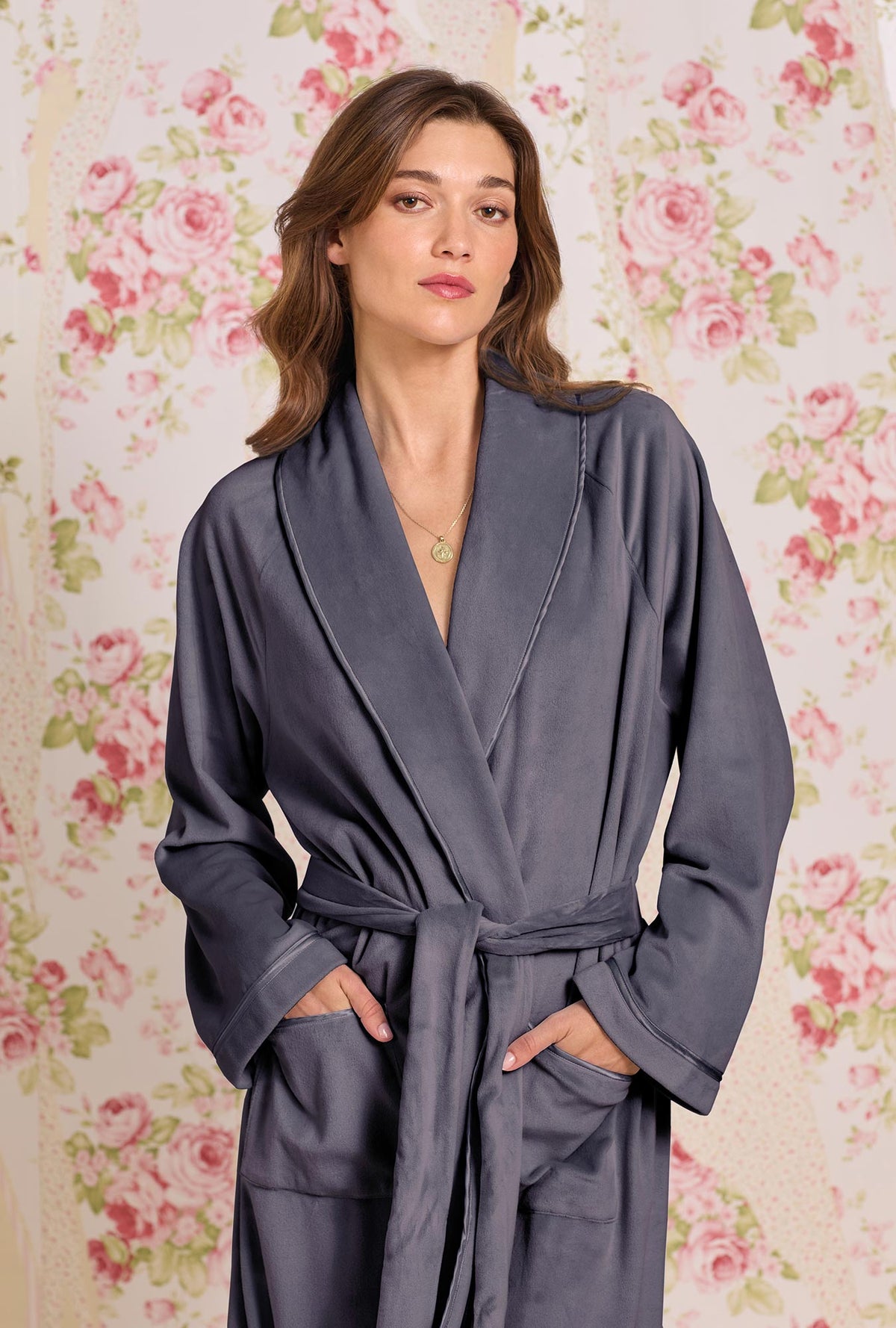 Charcoal;@A lady wearing Lux Velour Long Wrap Robe