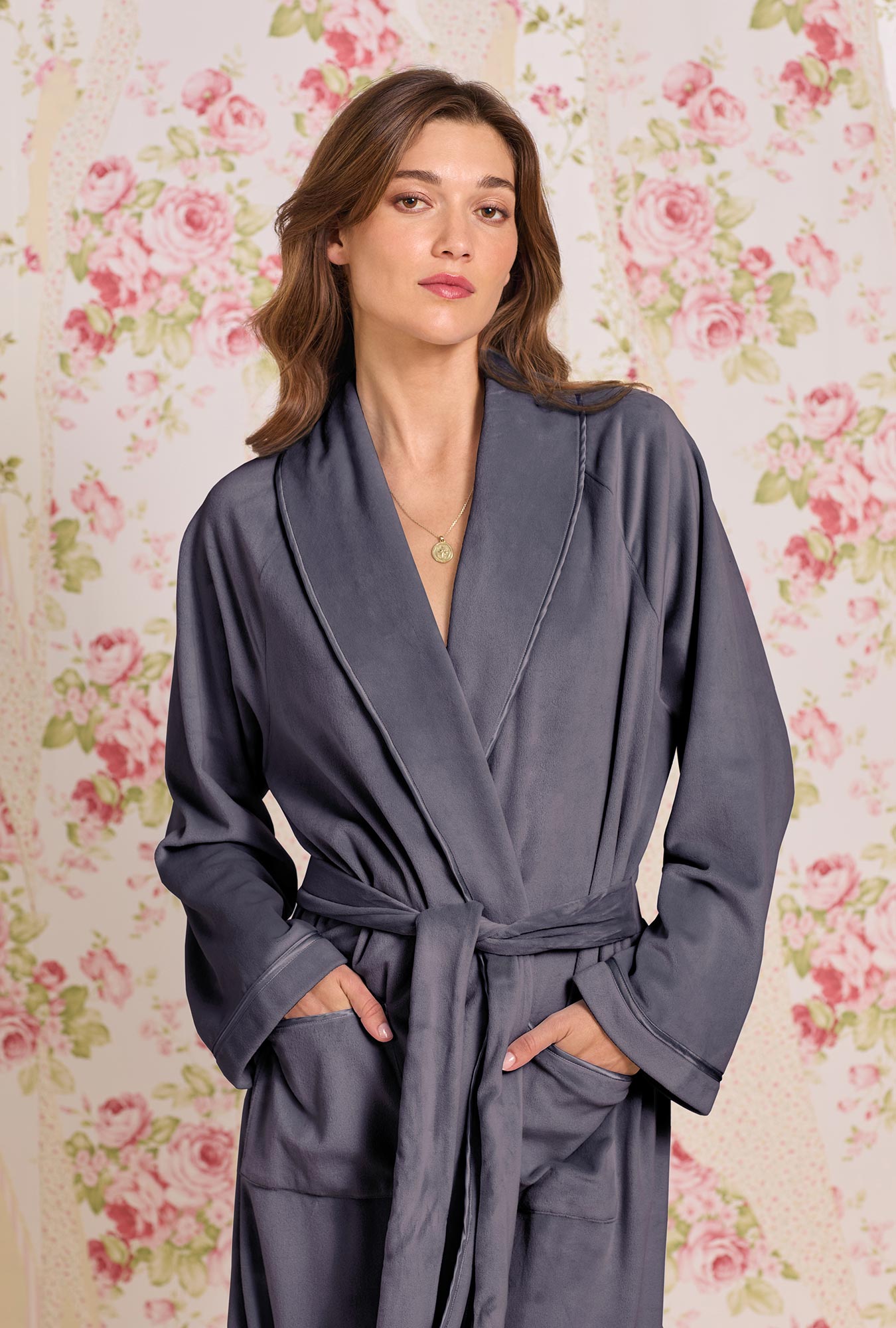 Charcoal;@A lady wearing Lux Velour Long Wrap Robe