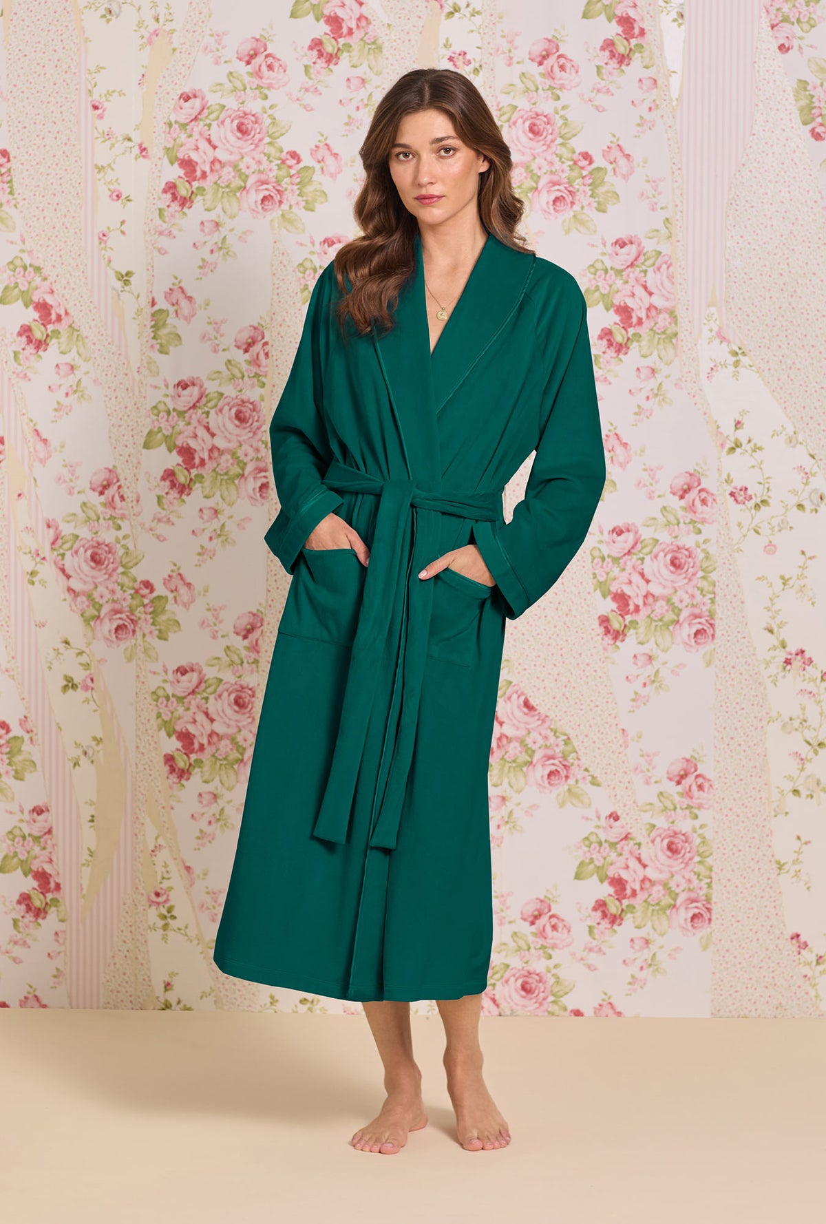 Hunter Green;@A lady wearing Lux Velour Long Wrap Robe
