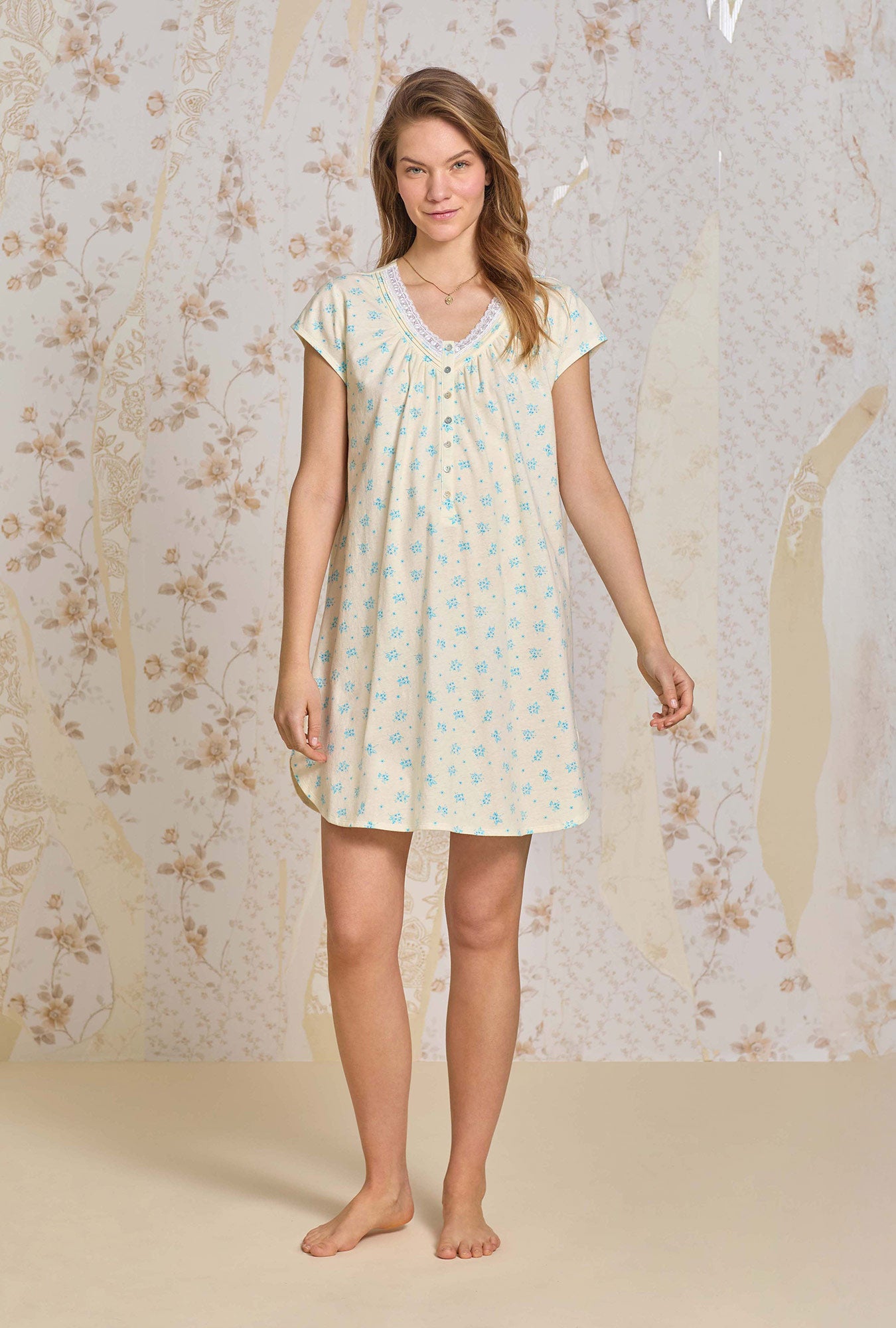 A lady wearing Chamomile Sky Cotton Knit Nightshirt