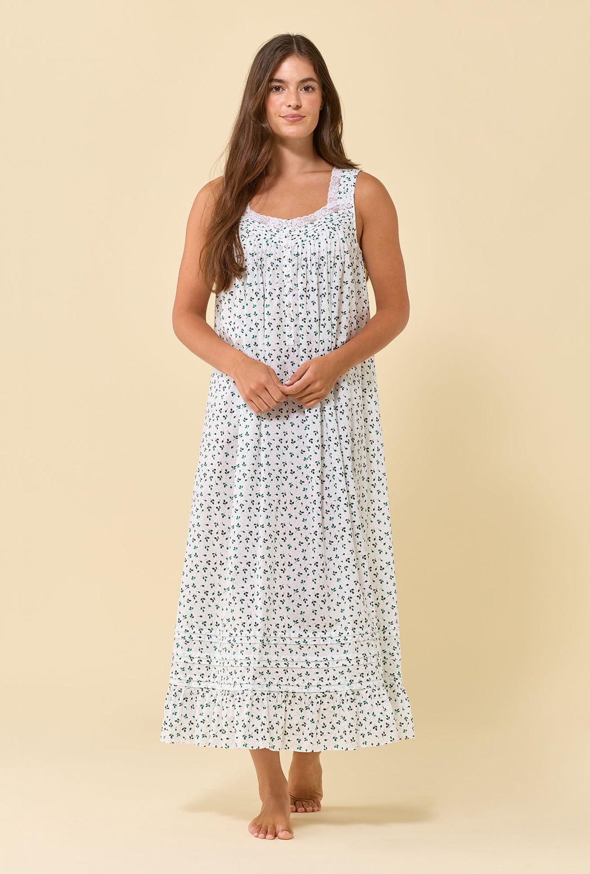 A lady wearing Eileen Meadow Sage 100% Cotton Woven Lawn Ballet Nightgown looking front