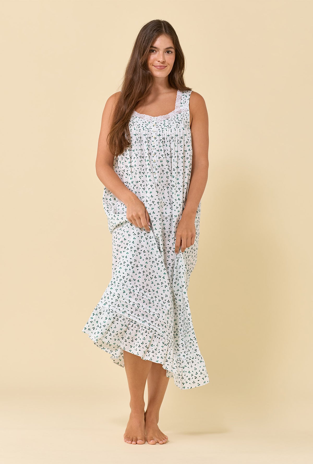 A lady wearing Eileen Meadow Sage 100% Cotton Woven Lawn Ballet Nightgown