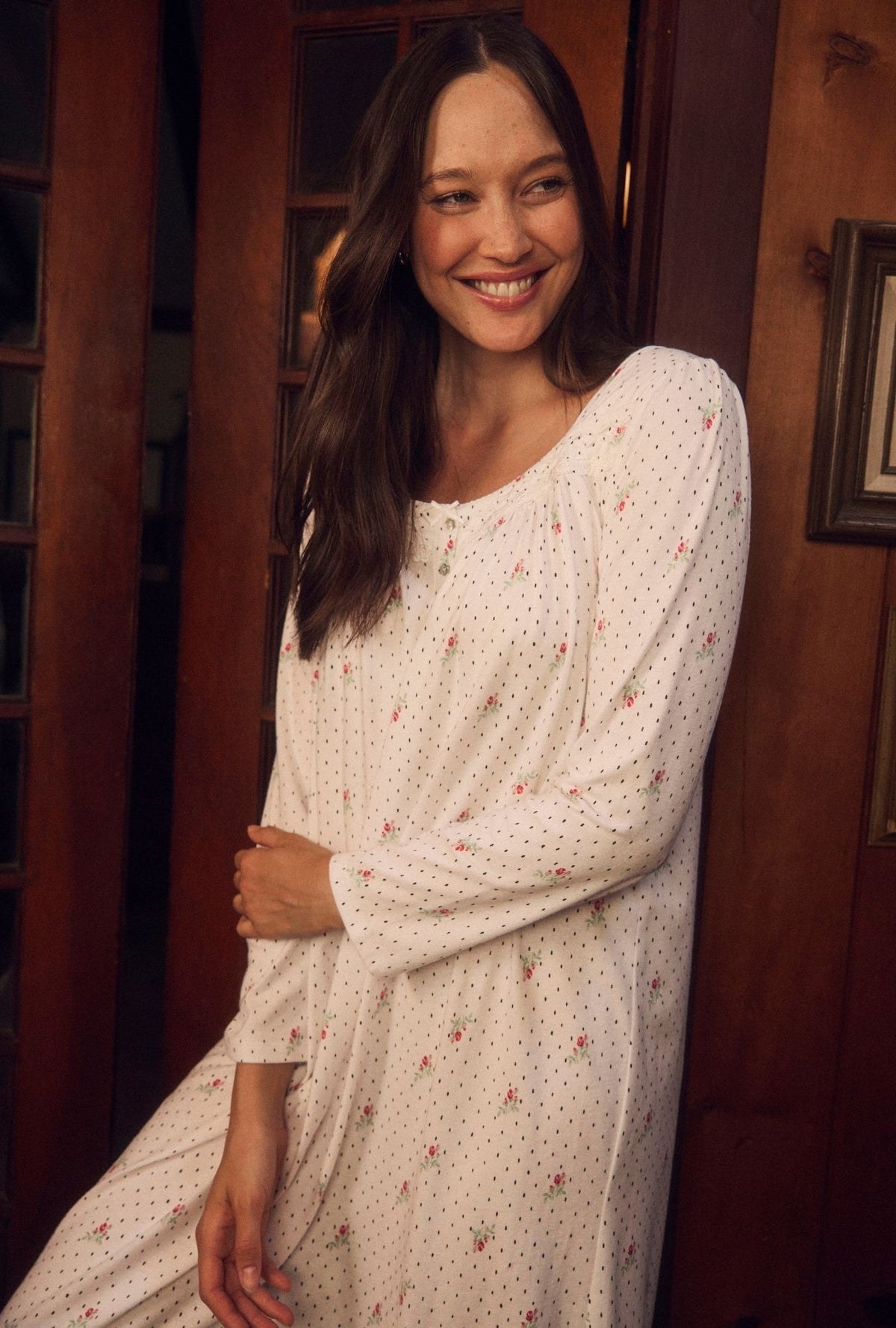 Rosebud Dot Cotton Knit Long Sleeve Ballet Nightgown