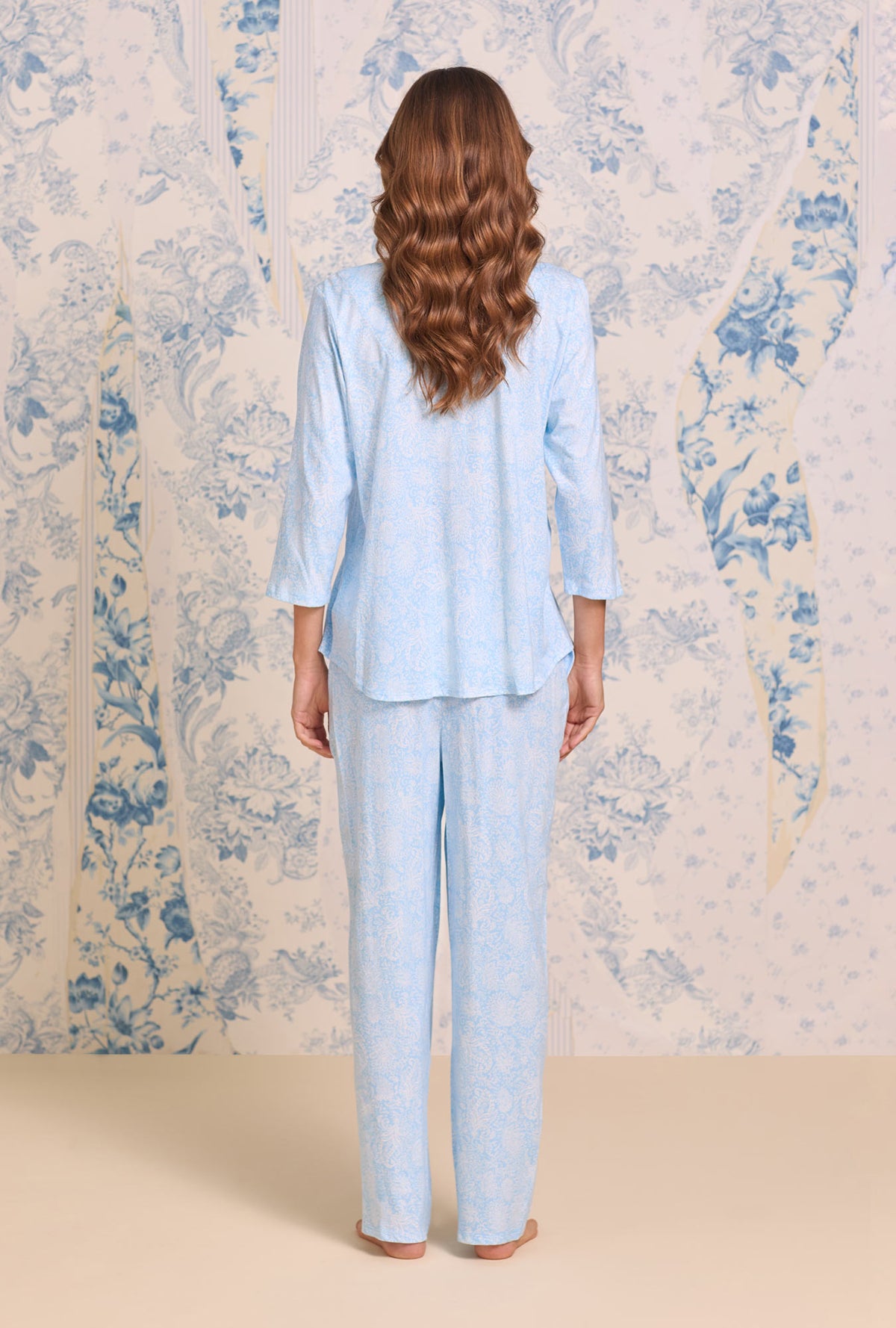 A lady wearing Blue Whisper Paisley Cotton Knit Pajama