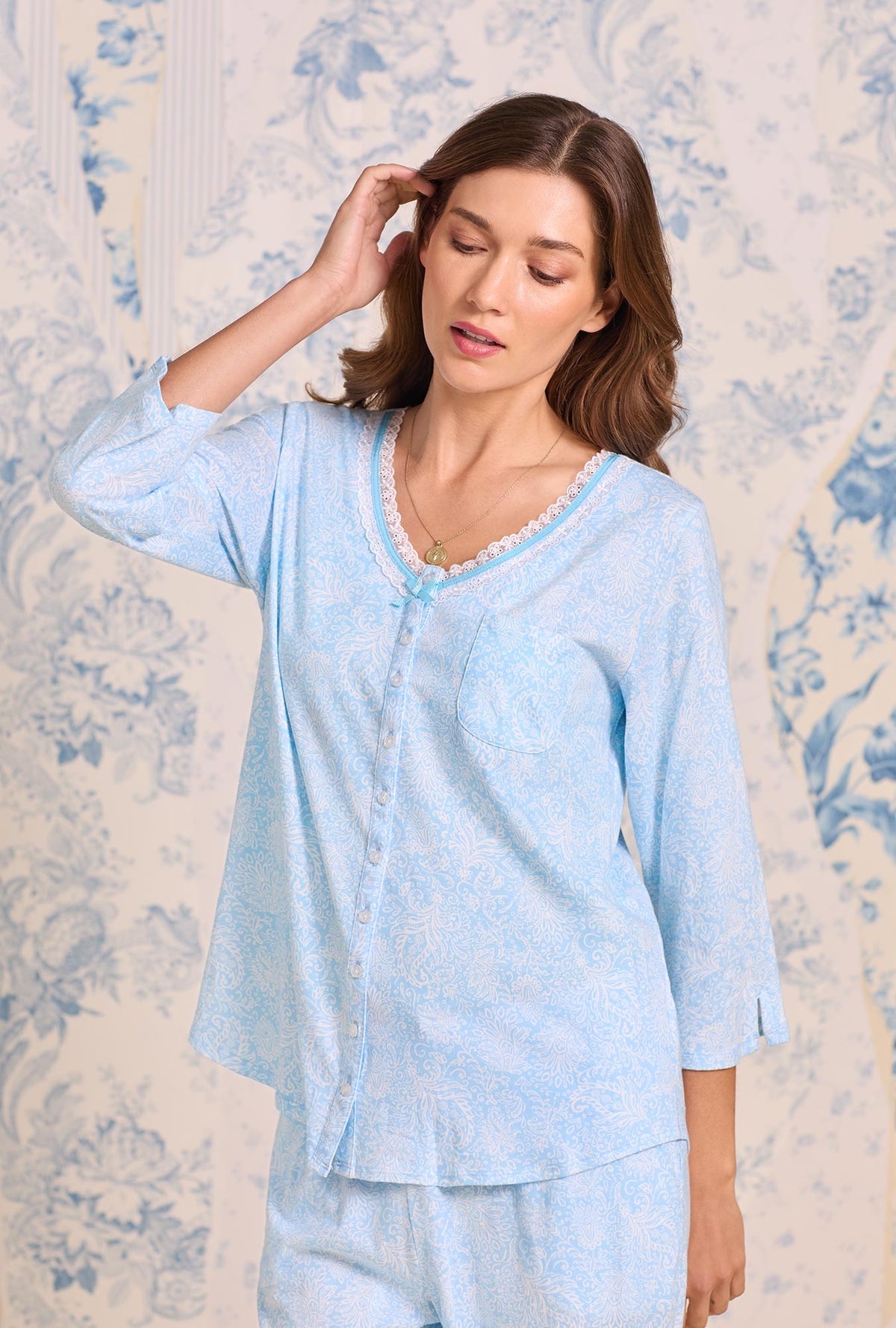 A lady wearing Blue Whisper Paisley Cotton Knit Pajama