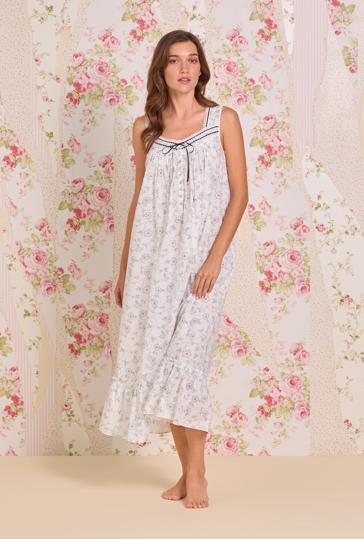 A Lady Wearing The "Eileen" Morning Glory Cotton Lawn Ballet Nightgown Front view