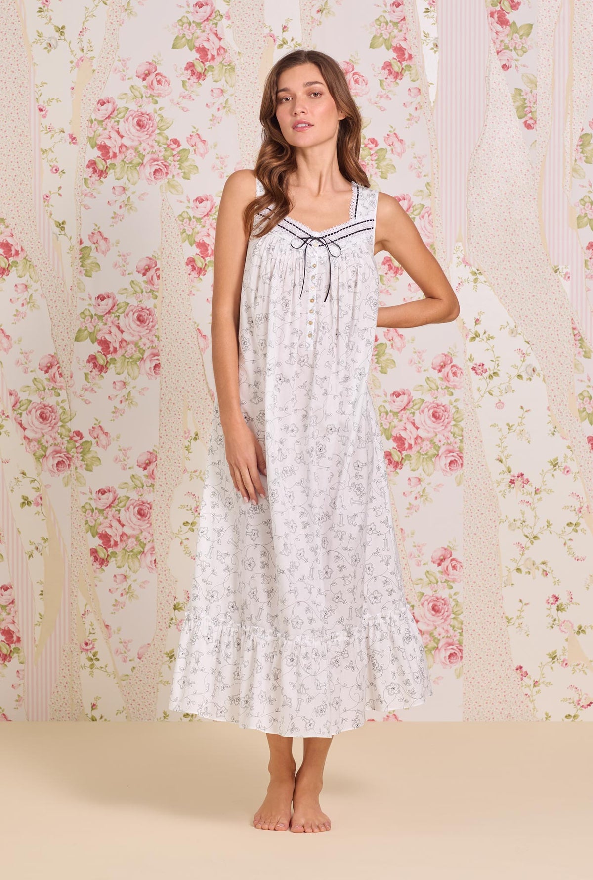 A Lady Wearing The "Eileen" Morning Glory Cotton Lawn Ballet Nightgown