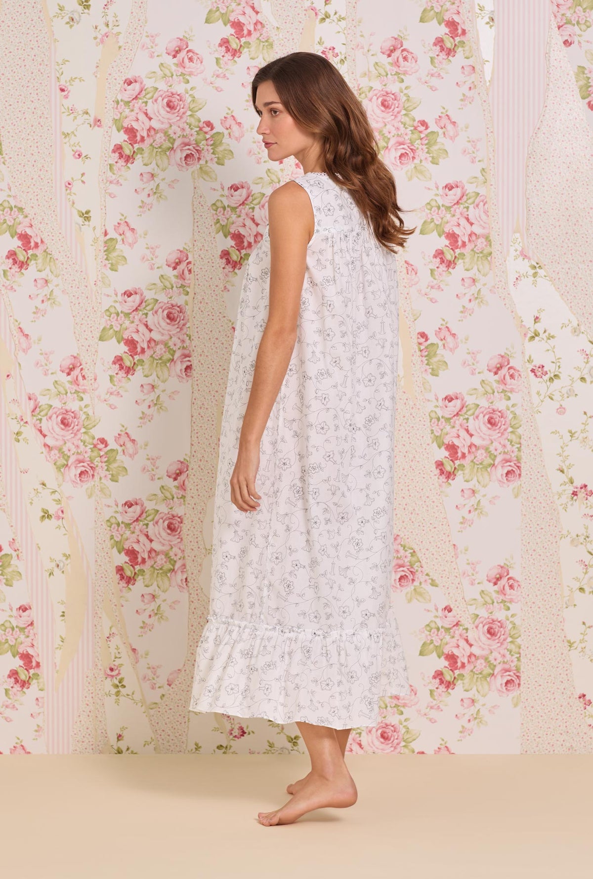 A Lady Wearing The "Eileen" Morning Glory Cotton Lawn Ballet Nightgown Side Angle view
