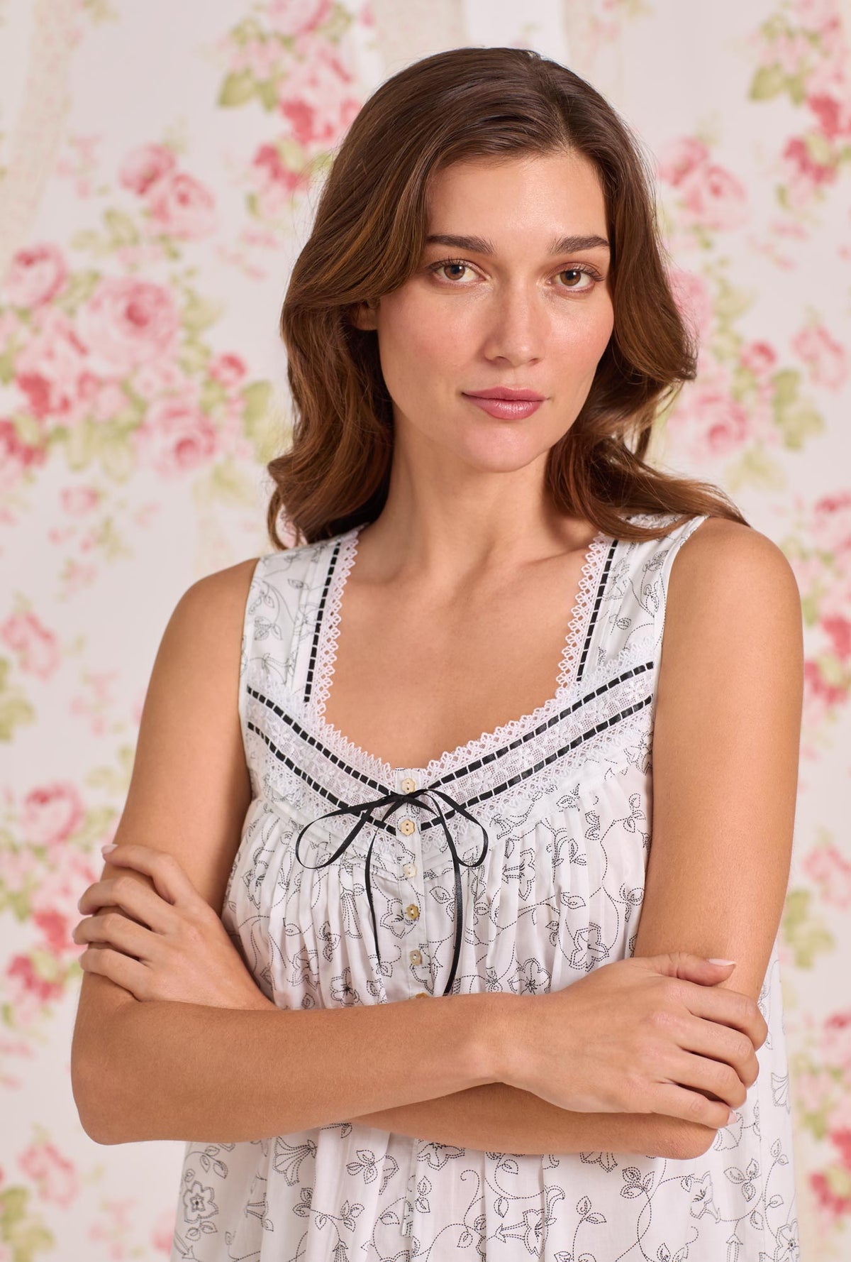 A Lady Wearing The "Eileen" Morning Glory Cotton Lawn Ballet Nightgown Close up view