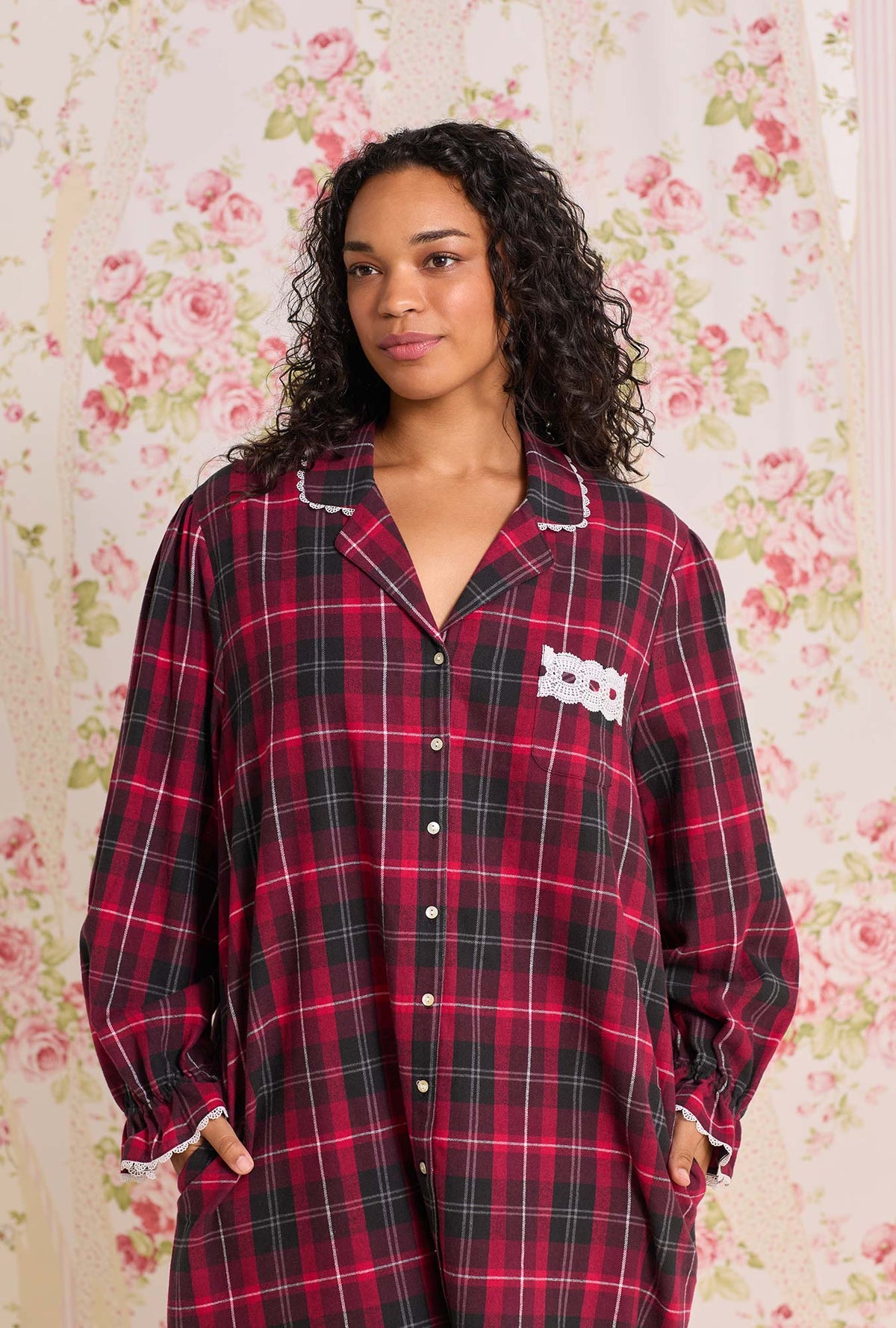 A lady wearing Victorian Holiday Plaid Cotton Flannel Long Sleeve Plus Nightshirt