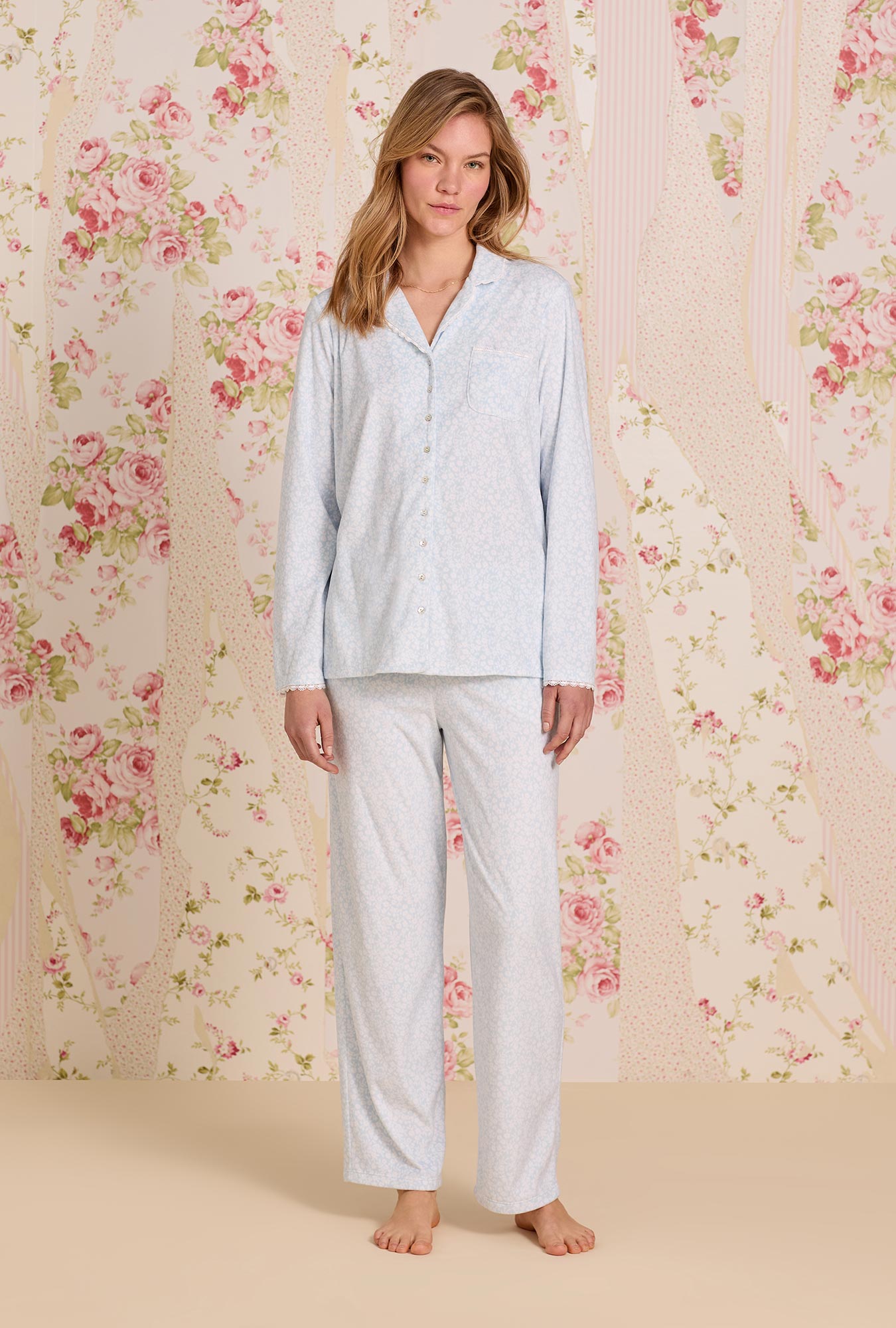 A Lady wearing Powder Petal Cotton Flannel Long Sleeve Pajama