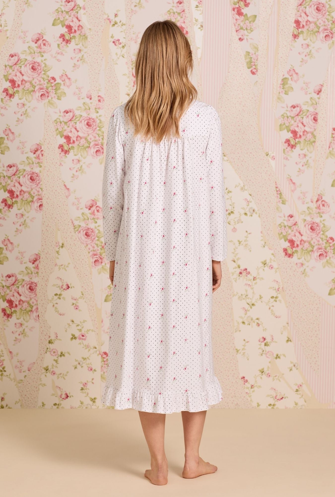 A Lady wearing Rosebud Dot Cotton Knit Long Sleeve Ballet Nightgown