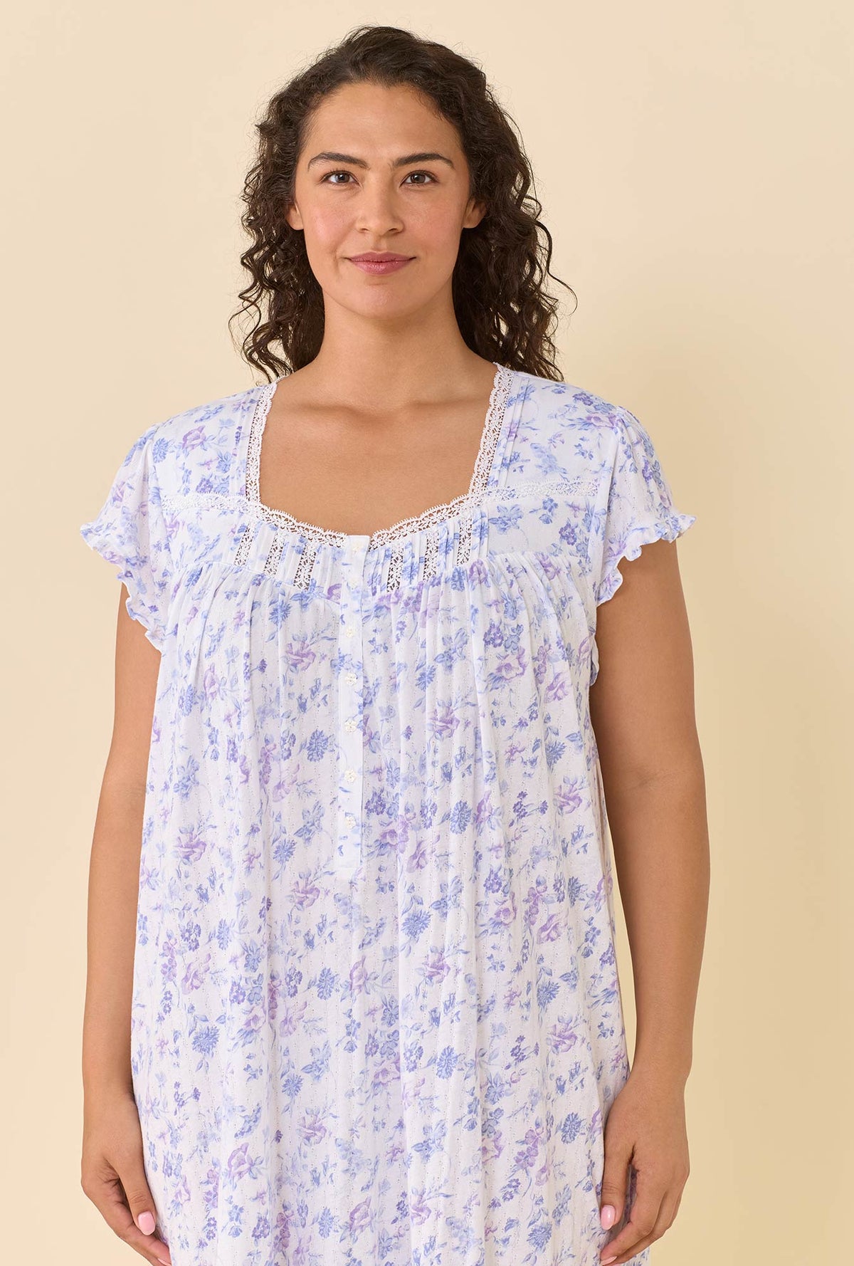 A lady wearing plus size Wildflower Meadow Waltz Nightgown closer look