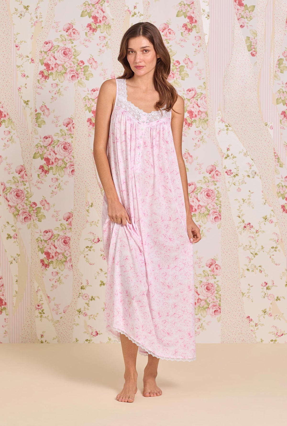 A Lady Wearing The "Eileen" Blush Garden Cotton Modal Ballet Nightgown Front view