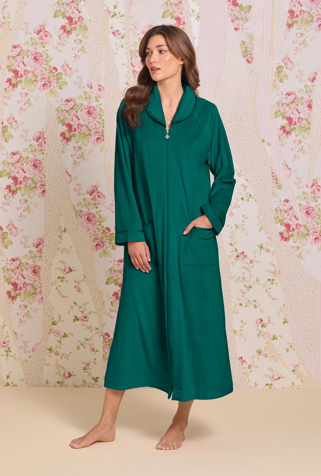 A lady wearing Lux Velour Long Zip Robe