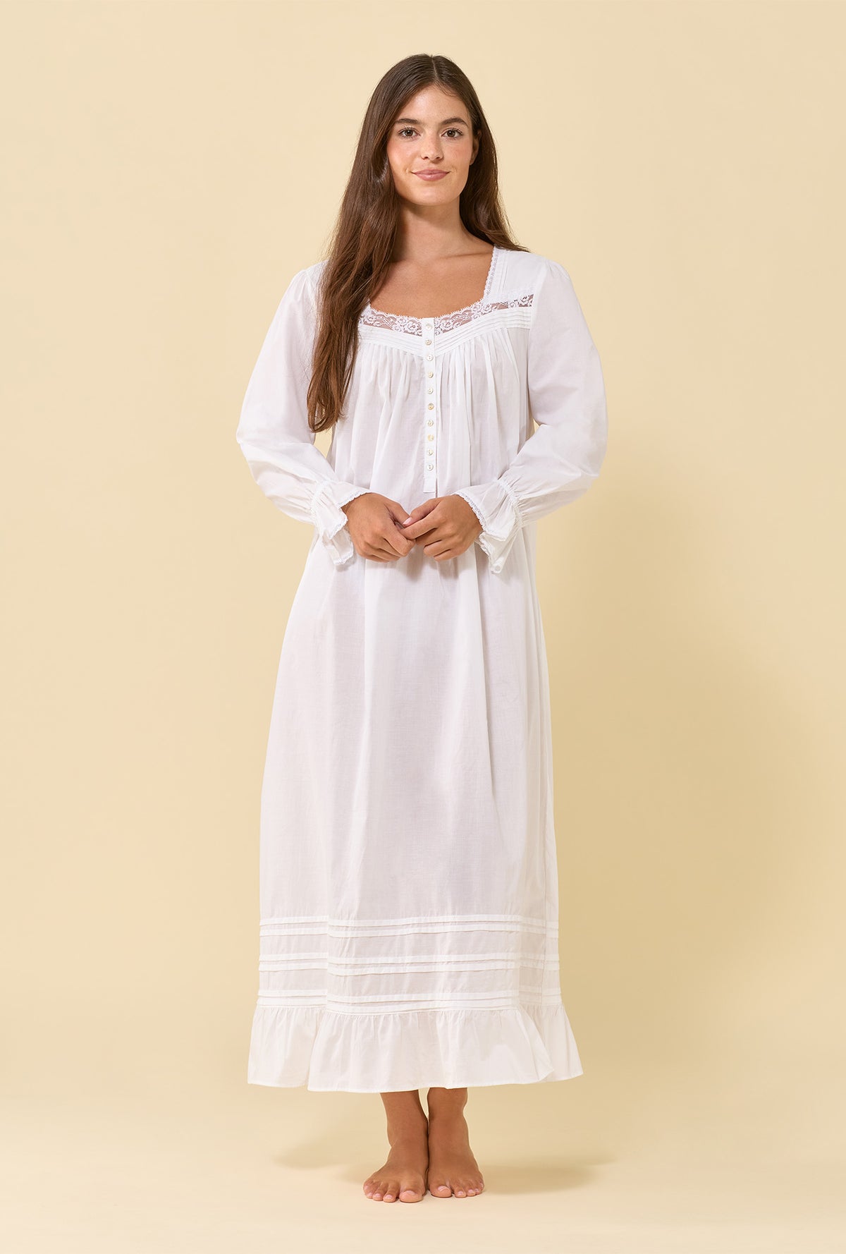 Soft White 100% Cotton Woven Lawn Long Sleeve Ballet Nightgown