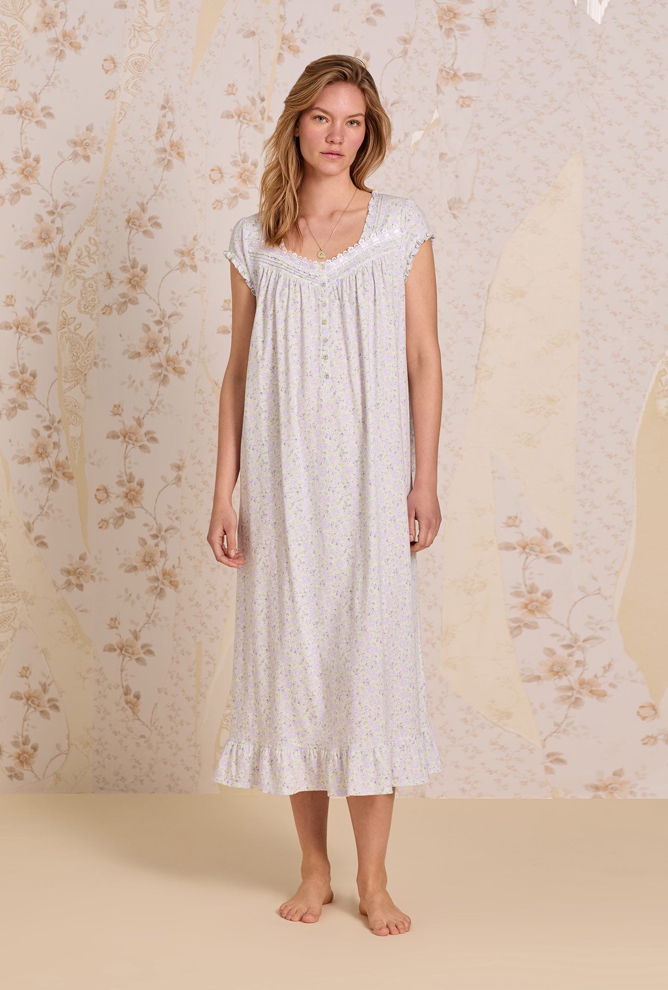 A lady wearing Mint Fleur Cotton Knit Ballet Nightgown