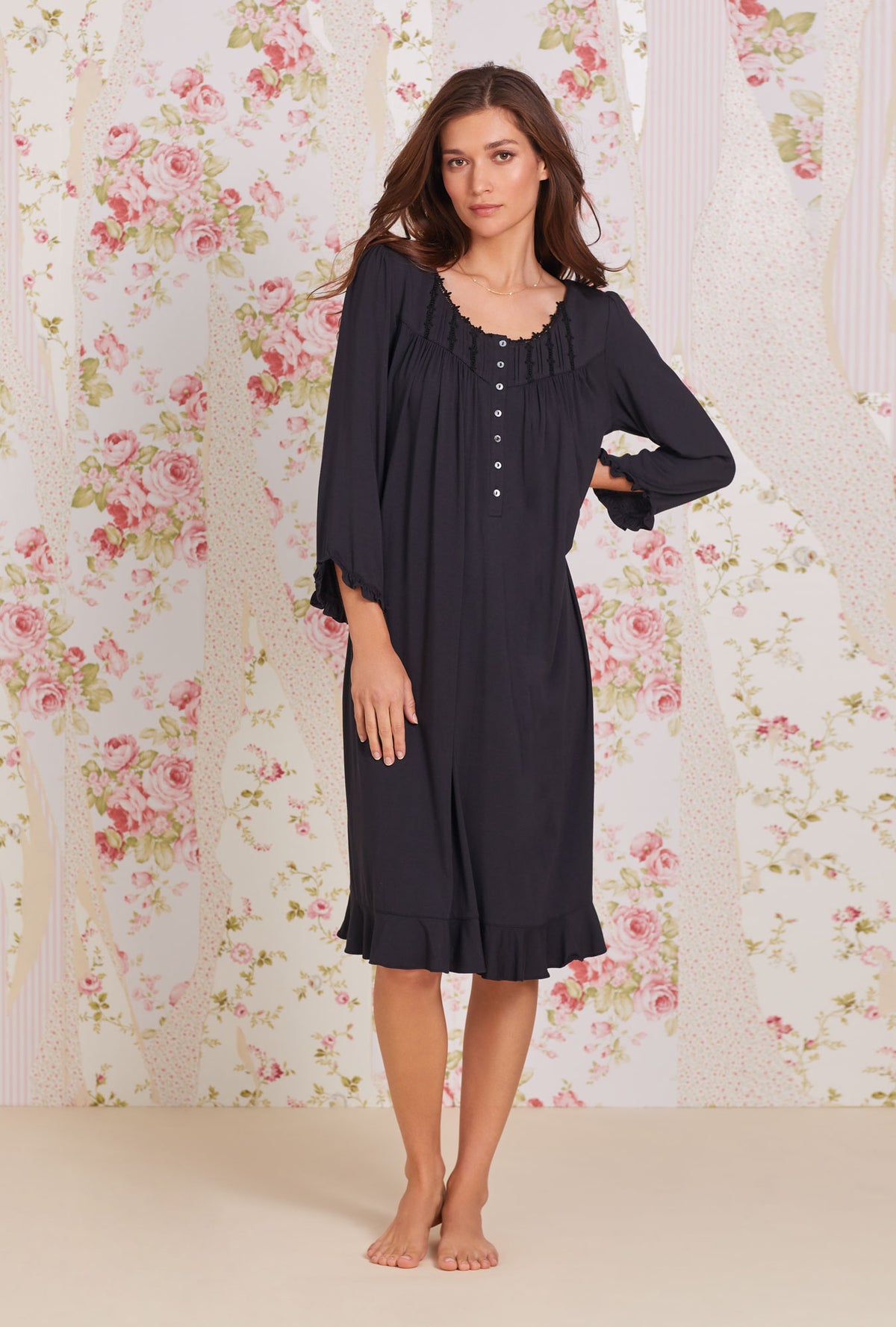 Iconic Black Tencel™ Modal Long Sleeve Waltz Nightgown - Eileen West