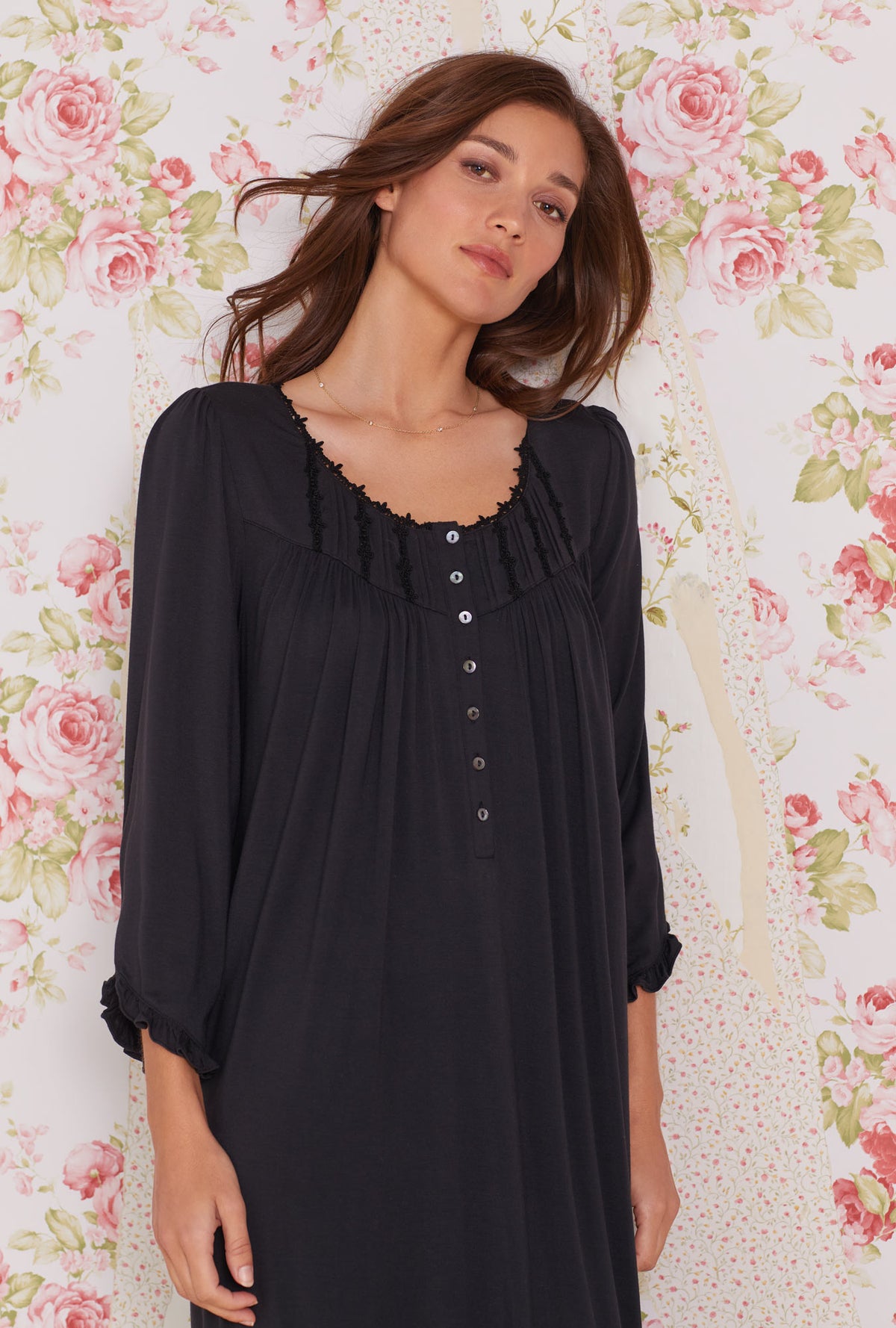 Iconic Black Tencel™ Modal Long Sleeve Waltz Nightgown - Eileen West