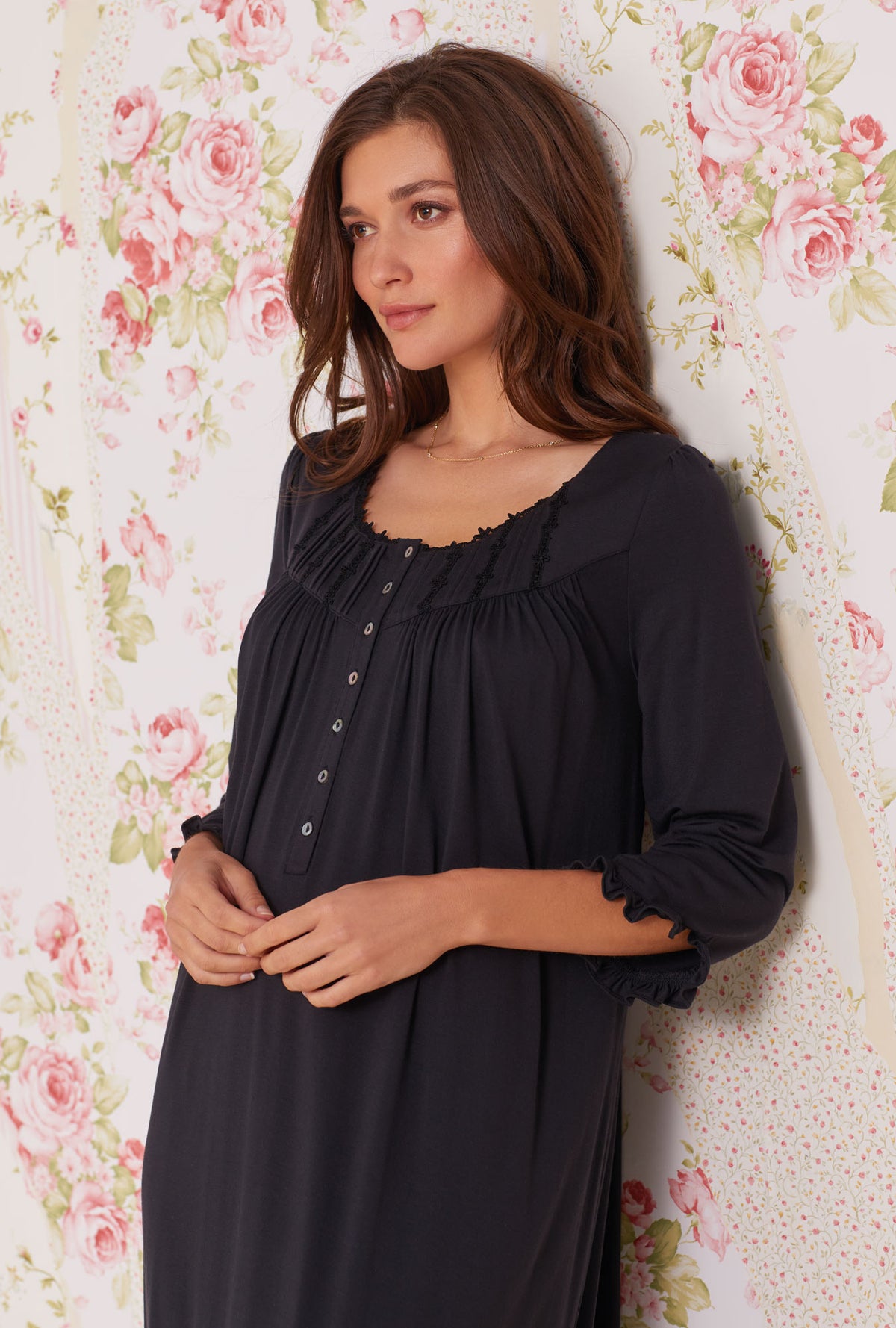 A lady wearing Iconic Black Tencel™ Modal Long Sleeve Waltz Nightgown