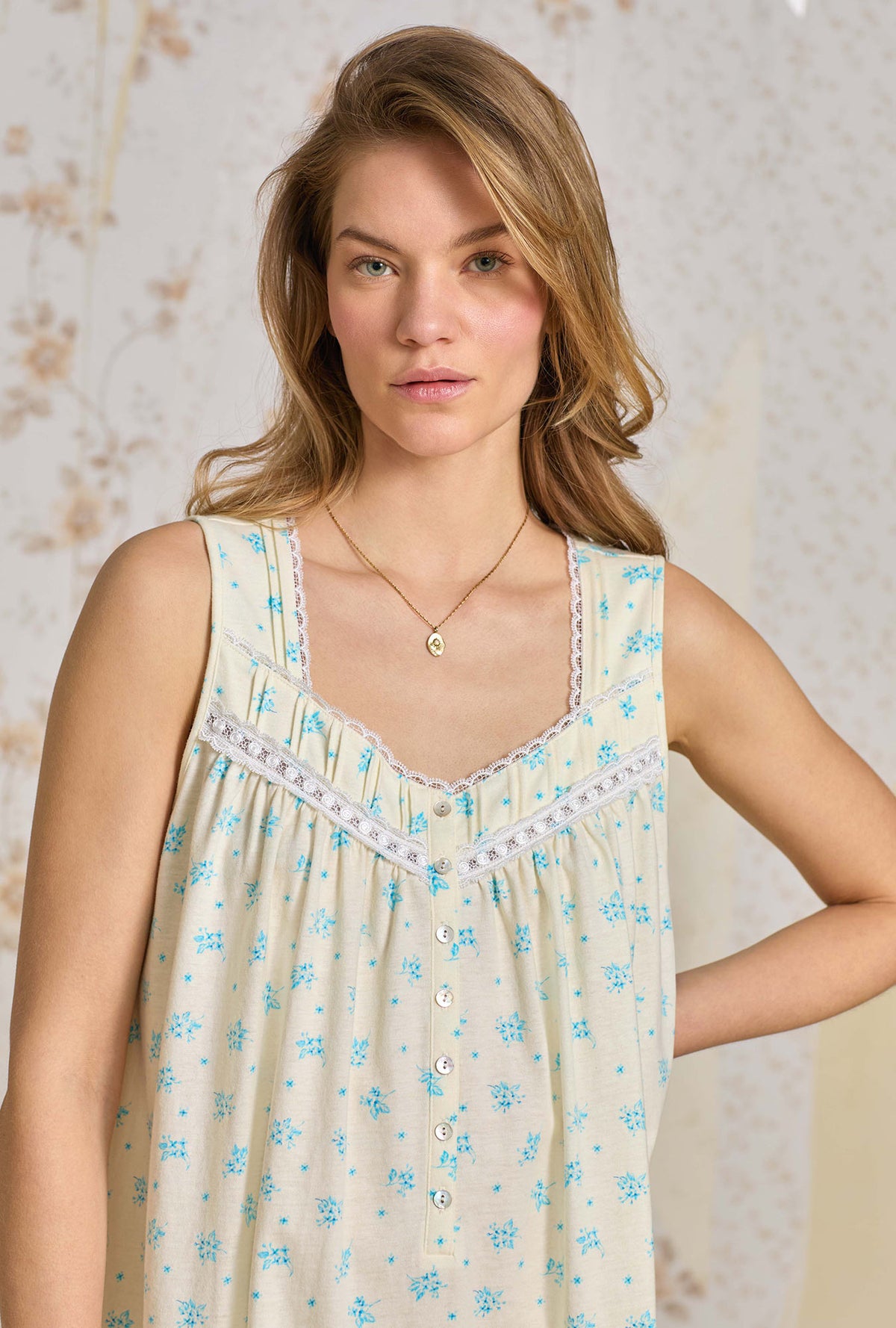 A lady wearing Chamomile Sky Cotton Knit Chemise