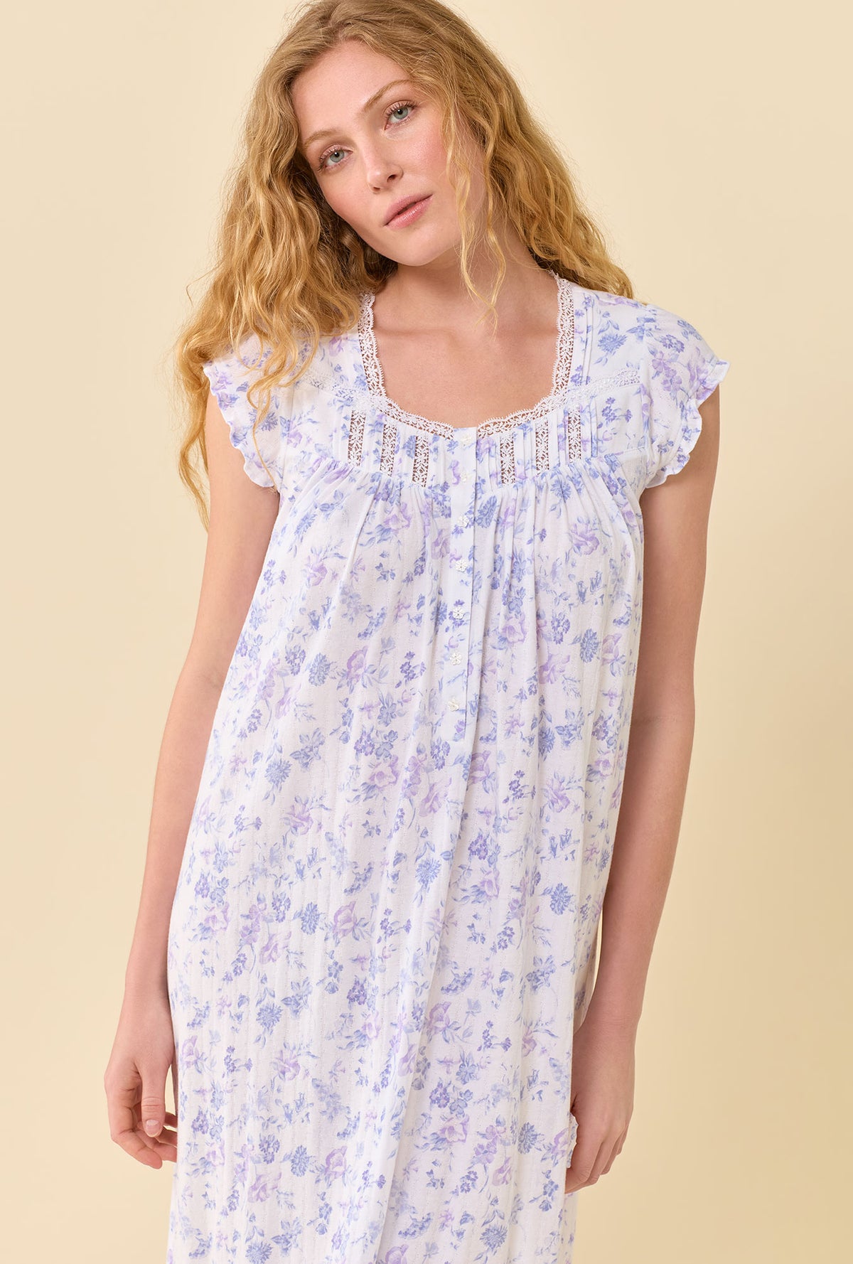 A lady wearing Wildflower Meadow Waltz Nightgown closer look