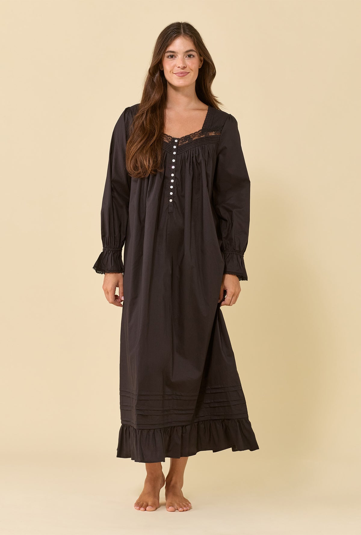 Iconic Black 100% Cotton Woven Lawn Long Sleeve Ballet Nightgown