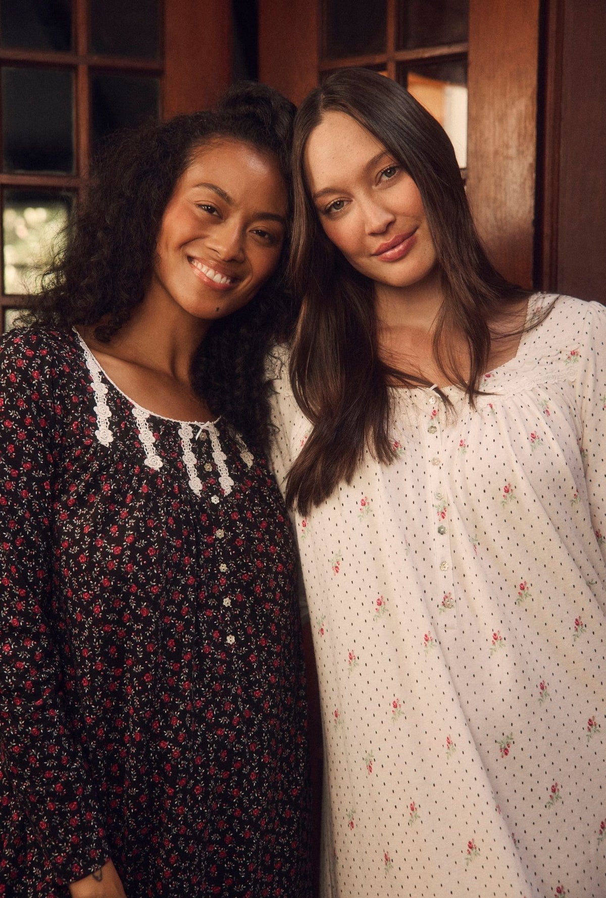 A Lady wearing Bordeaux Bloom Cotton Knit Long Sleeve Short Nightgown