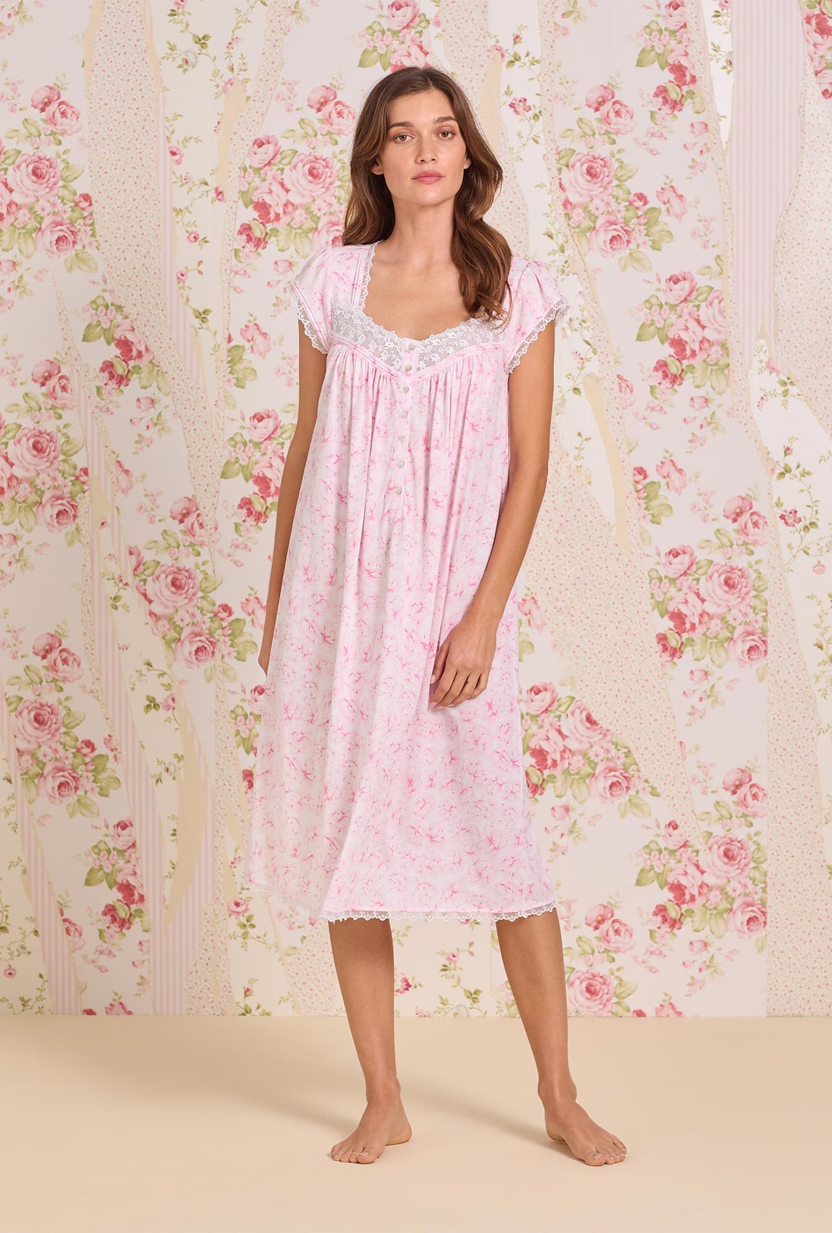 A lady wearing Blush Garden Cotton Modal Cap Sleeve Waltz Nightgown