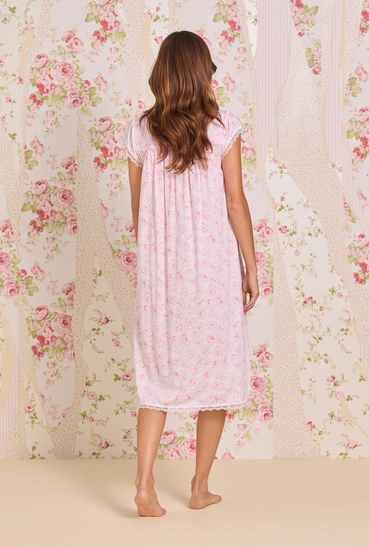 A lady wearing Blush Garden Cotton Modal Cap Sleeve Waltz Nightgown Back view