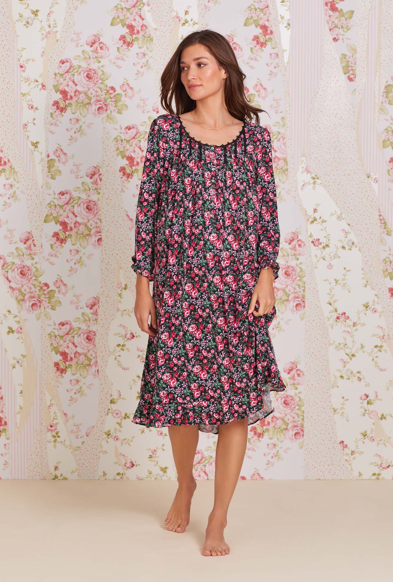 A lady wearing red Long Sleeve Waltz Nightgown with Brilliant Rose print