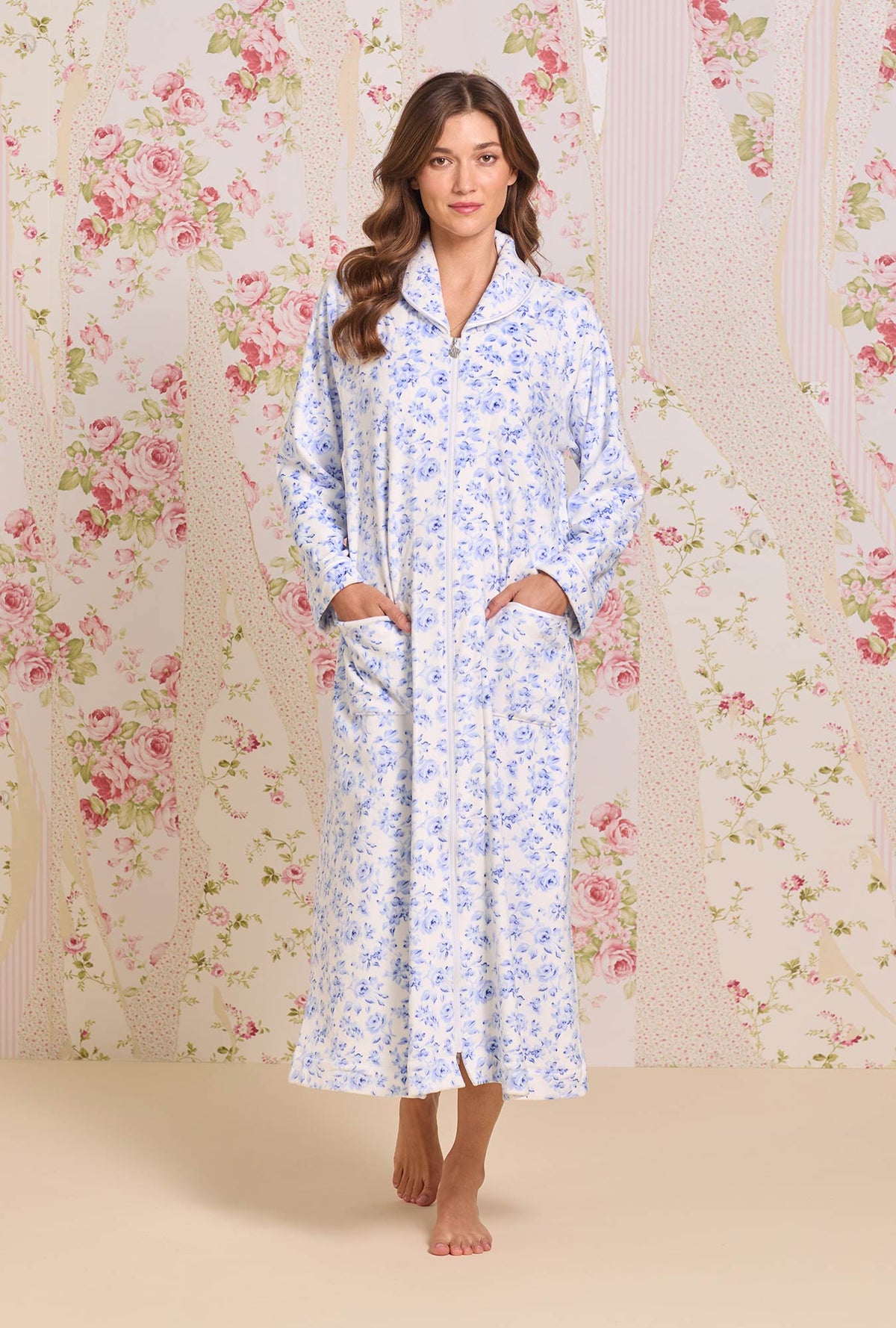 Icy Floral Lux Velour Long Zip Robe