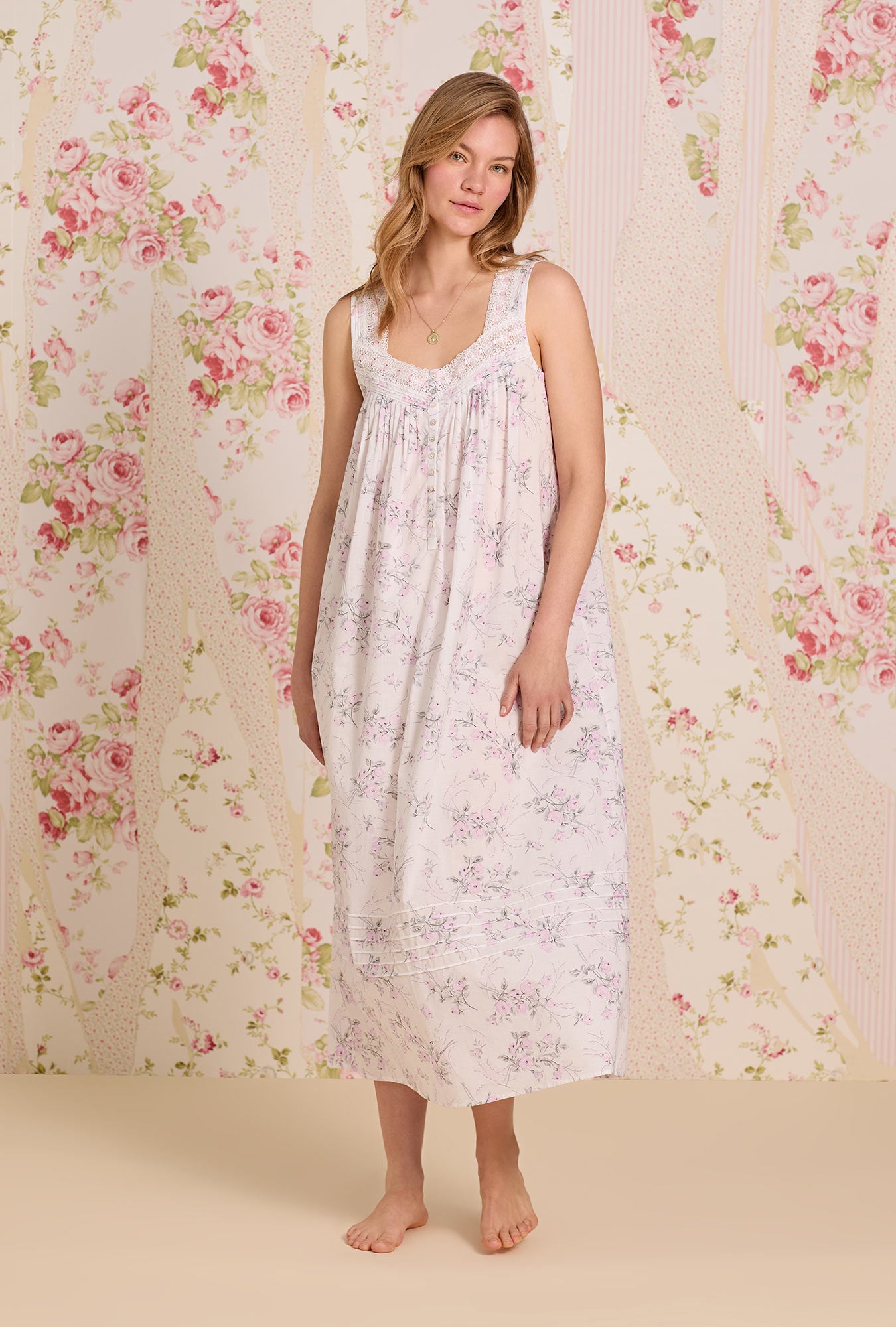 A lady wearing The "Eileen" Quiet Bloom Cotton Lawn Ballet Nightgown