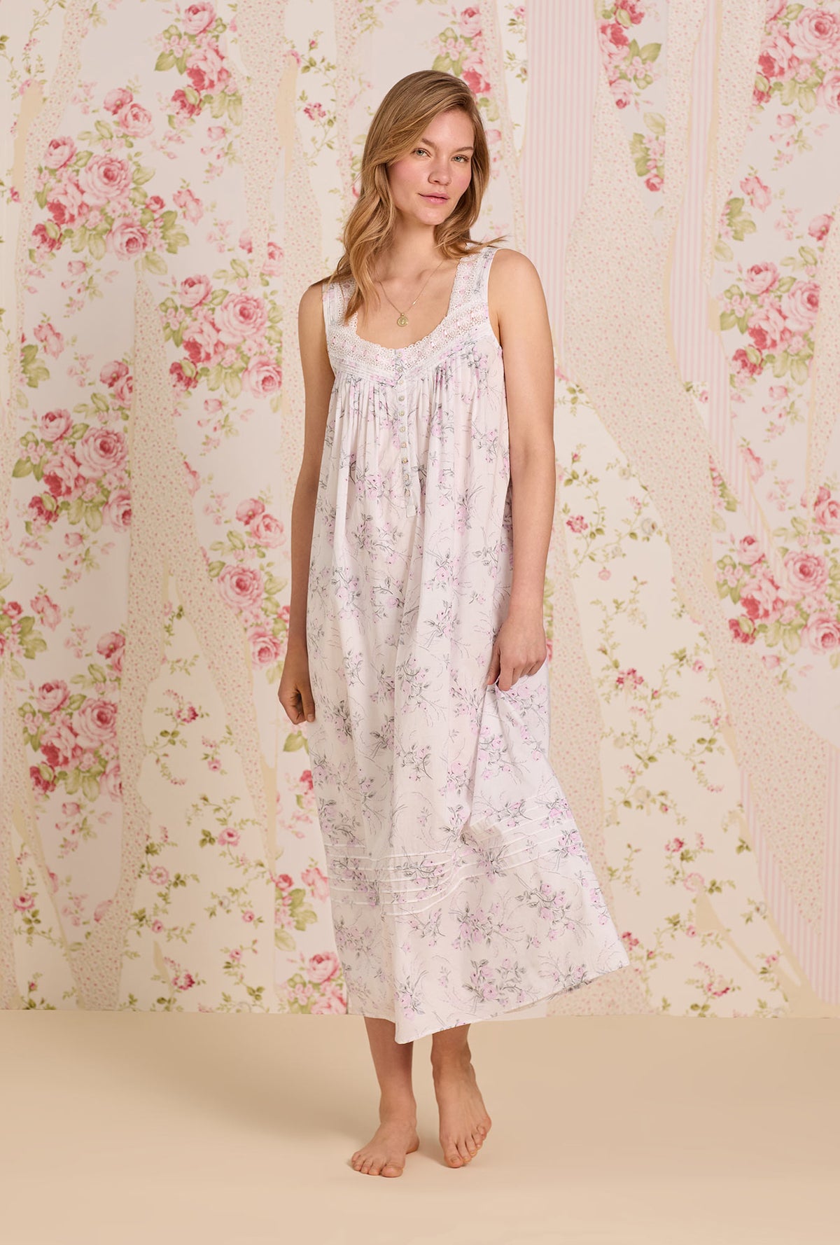 A lady wearing The &quot;Eileen&quot; Quiet Bloom Cotton Lawn Ballet Nightgown
