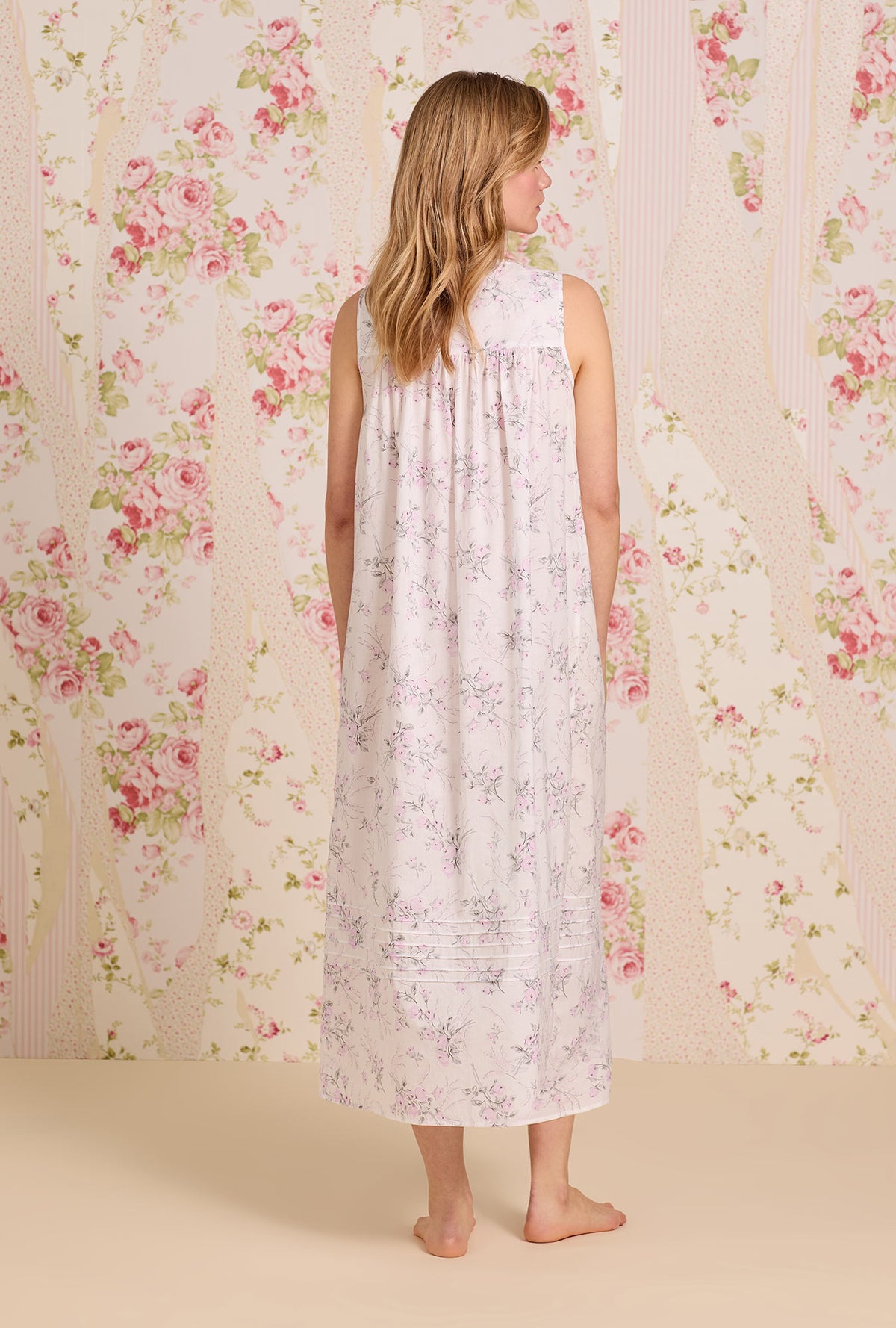 A lady wearing The &quot;Eileen&quot; Quiet Bloom Cotton Lawn Ballet Nightgown