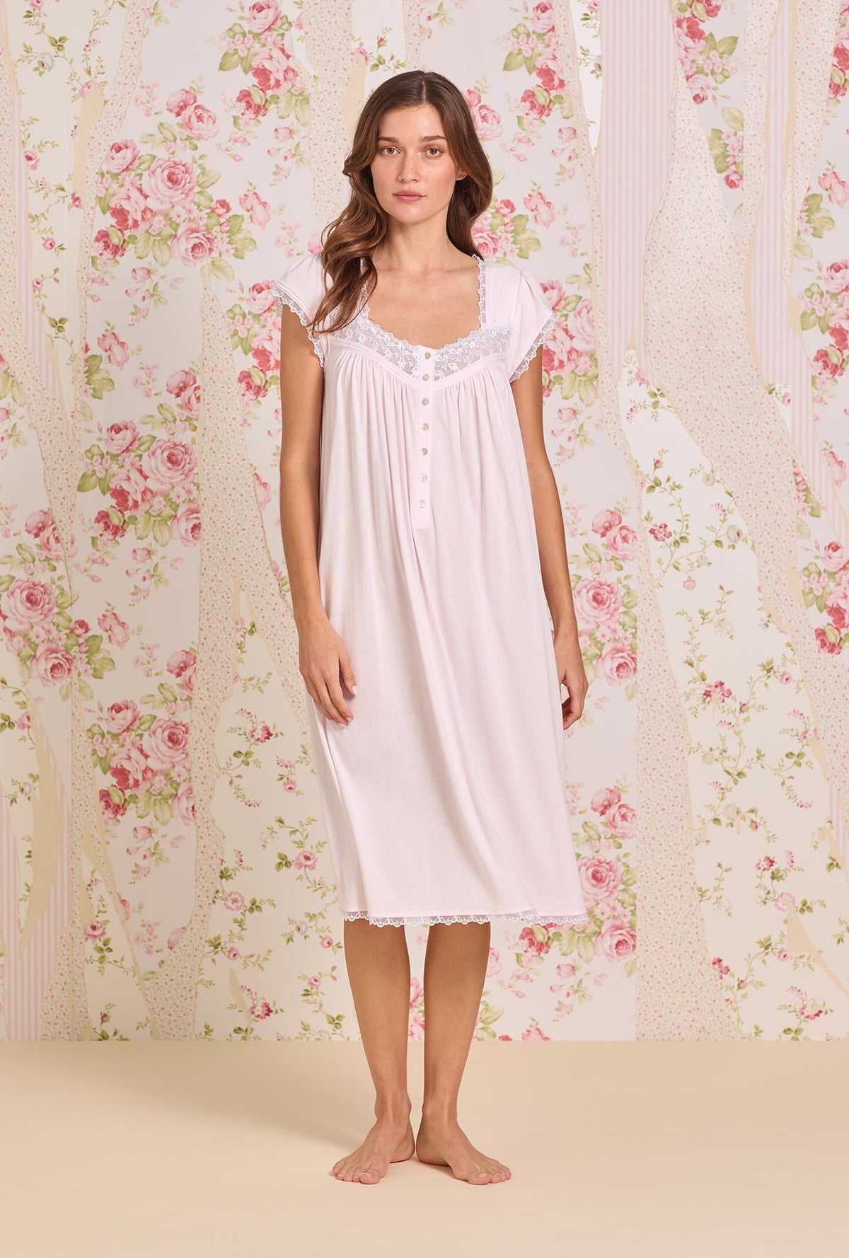 A Lady Wearing Ballet Slipper Cotton Modal Cap Sleeve Waltz Nightgown Front view
