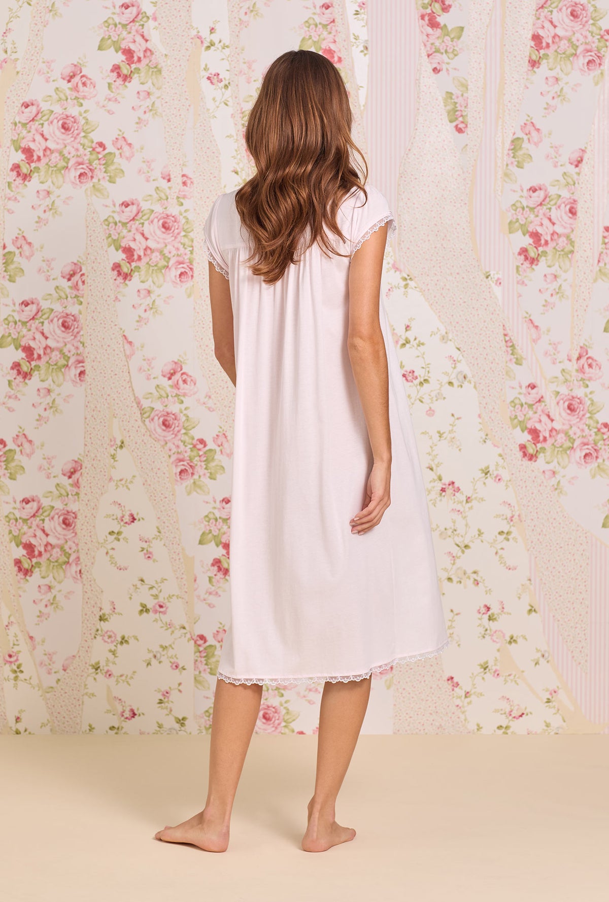 A Lady Wearing Ballet Slipper Cotton Modal Cap Sleeve Waltz Nightgown Back view