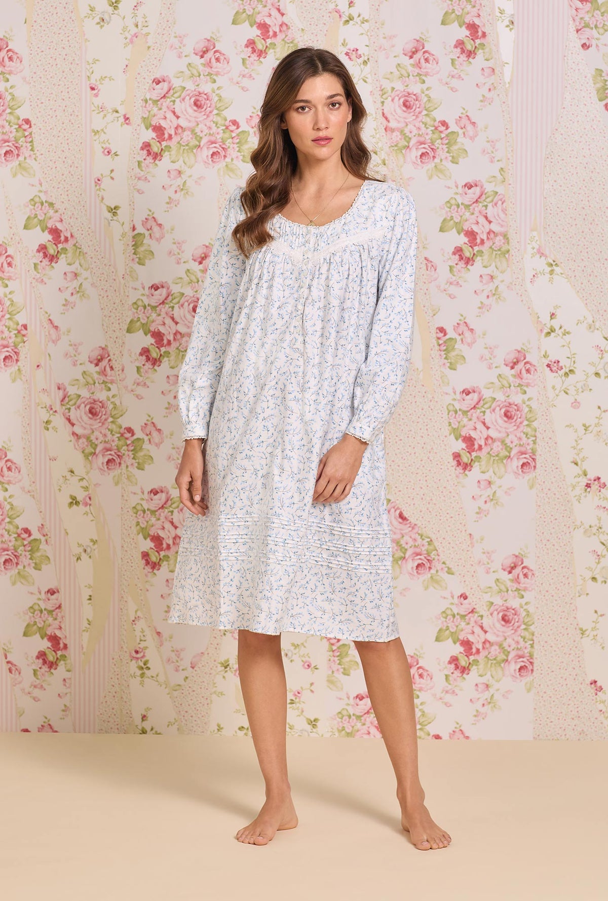 A lady wearing Frosted Leaves Cotton Flannel Long Sleeve Waltz Nightgown