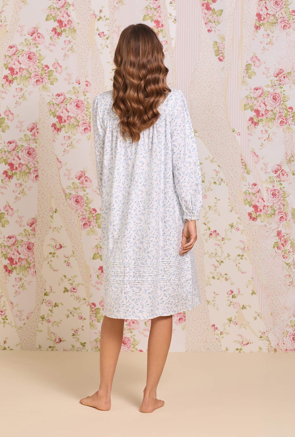 A lady wearing Frosted Leaves Cotton Flannel Long Sleeve Waltz Nightgown