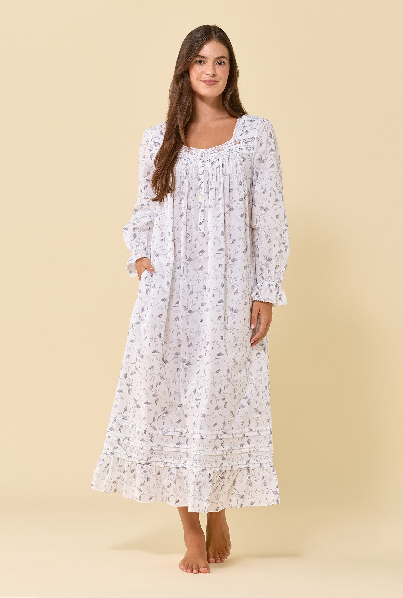 A lady wearing Silver Willow 100% Cotton Woven Lawn Long Sleeve Ballet Nightgown 