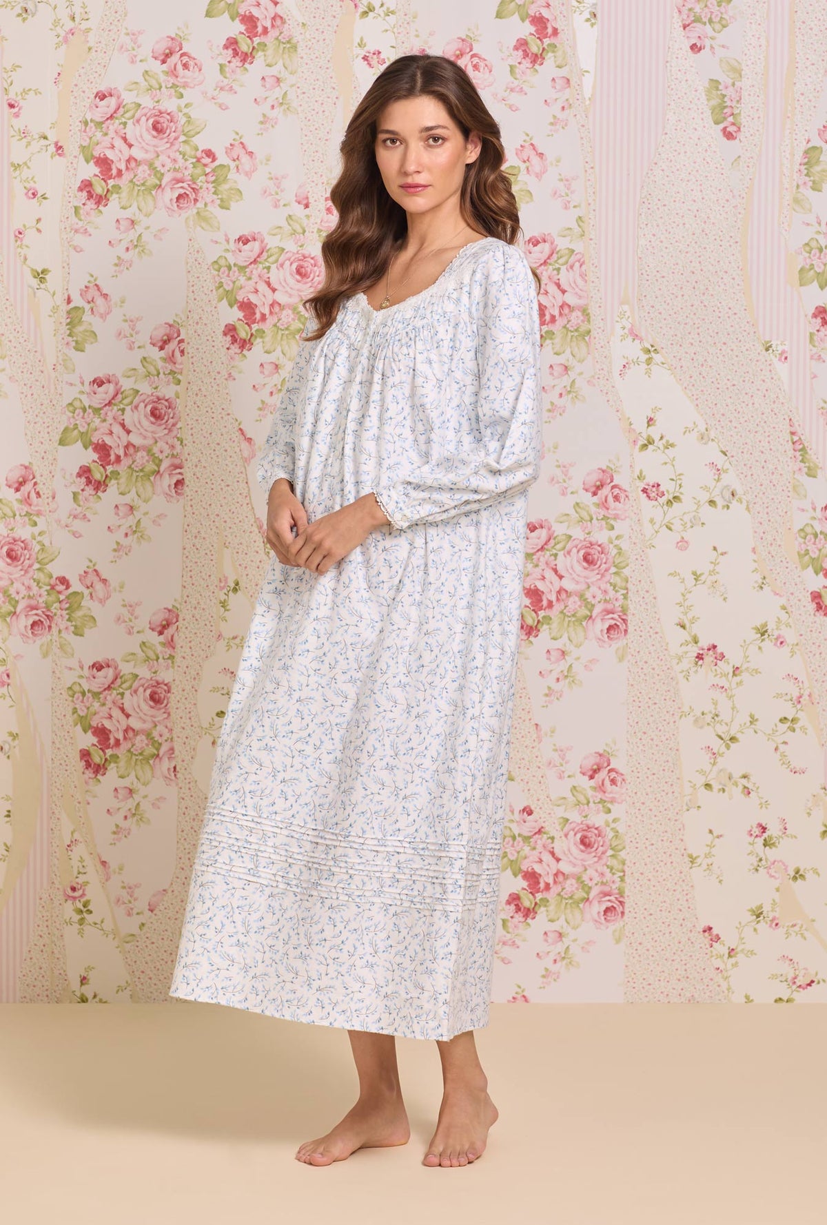 A lady wearing Frosted Leaves Cotton Flannel Long Sleeve Ballet Nightgown