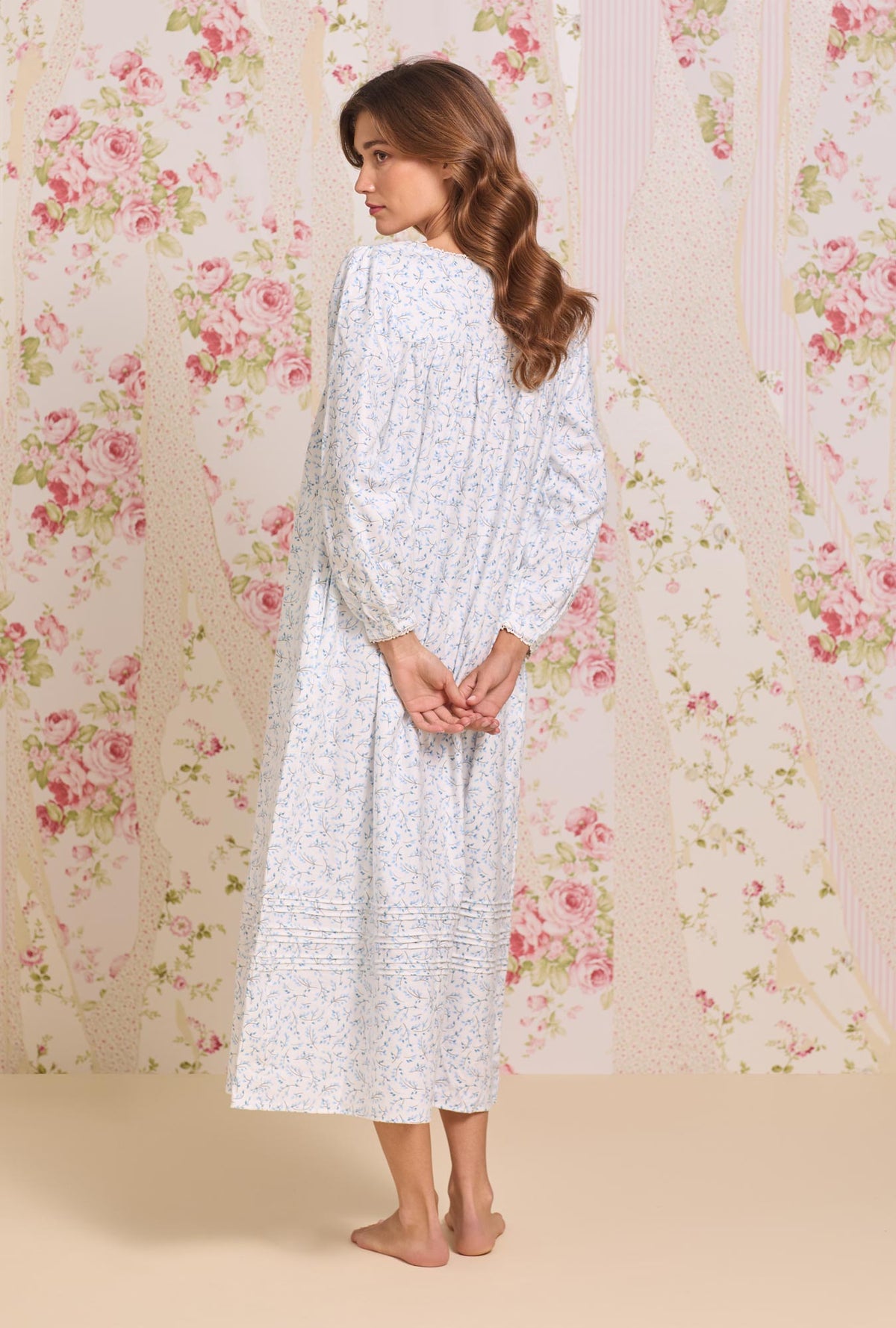 A lady wearing Frosted Leaves Cotton Flannel Long Sleeve Ballet Nightgown