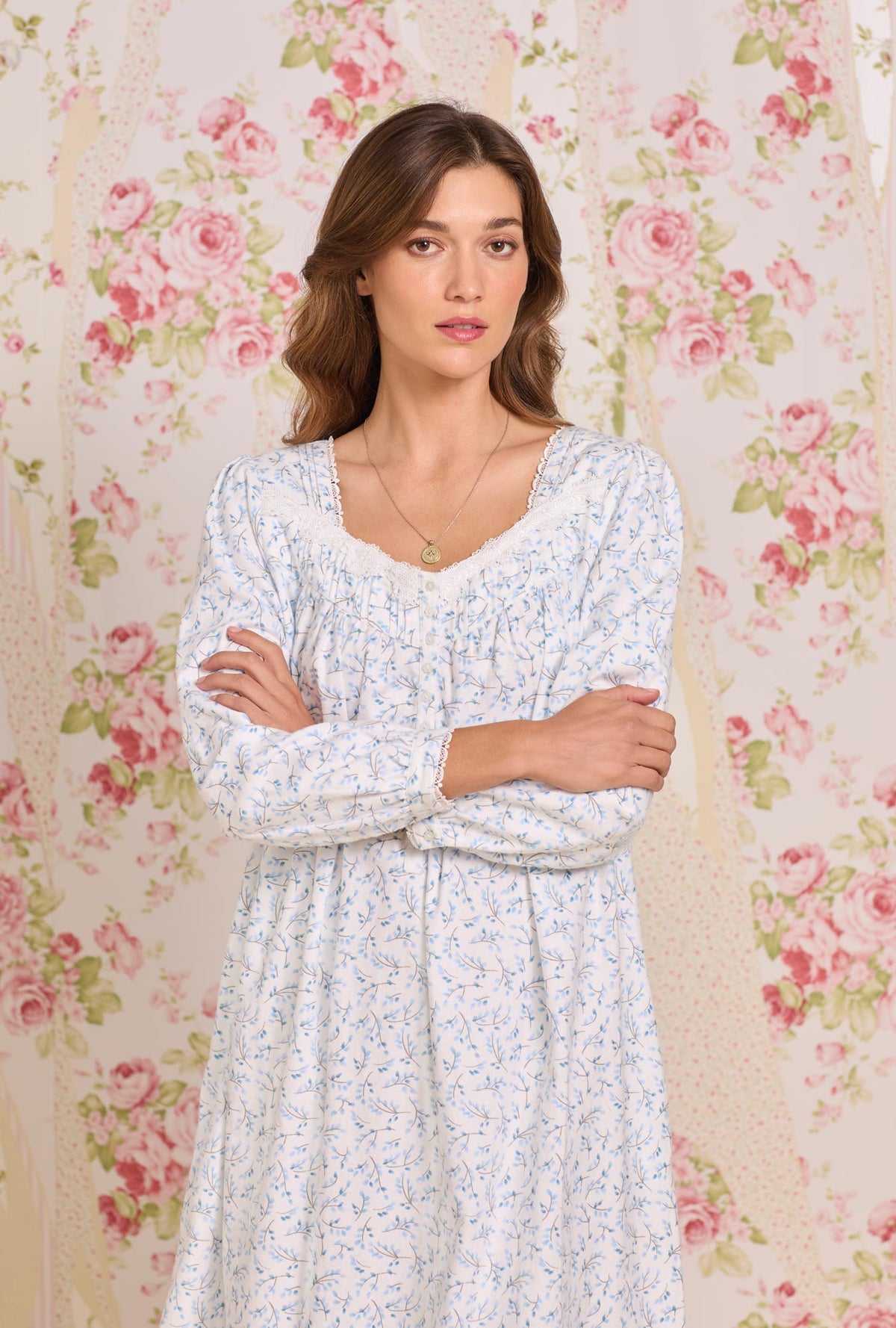 A lady wearing Frosted Leaves Cotton Flannel Long Sleeve Ballet Nightgown