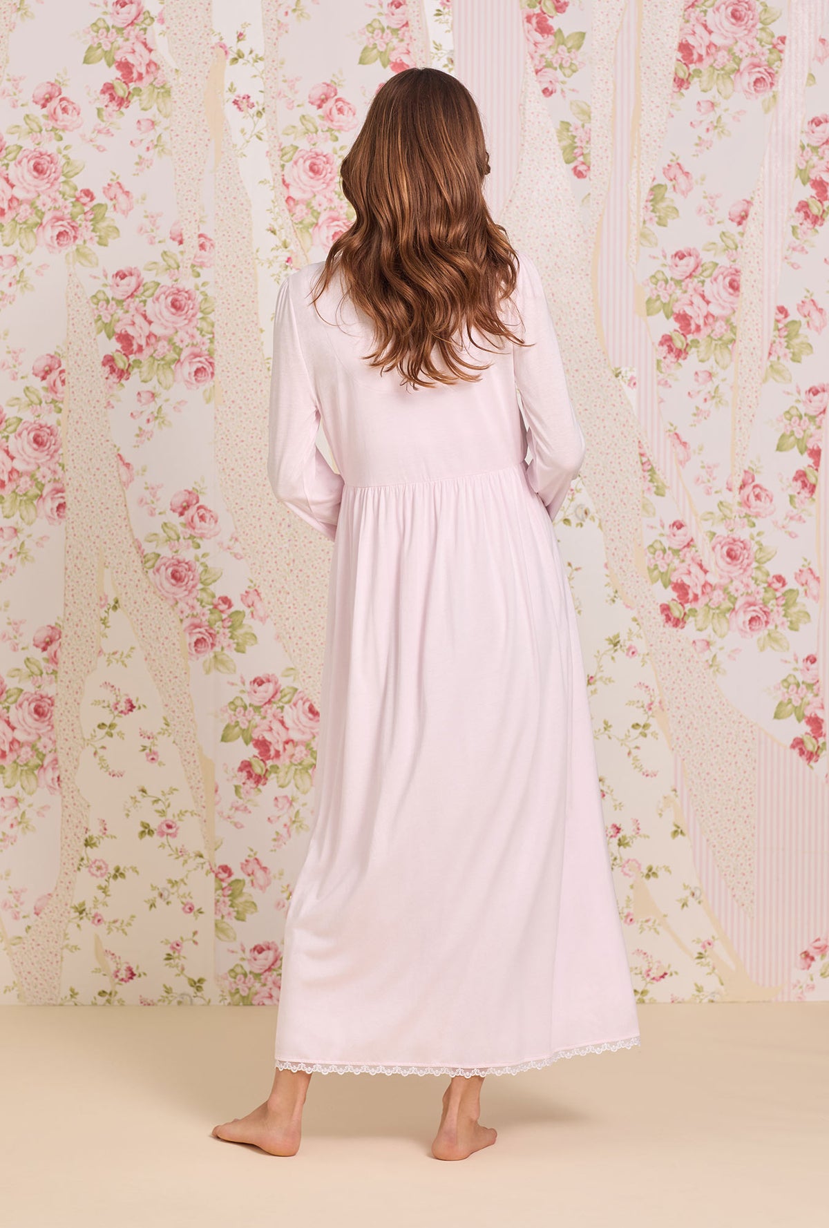A lady wearing Ballet Slipper Cotton Modal Button Front Robe Back view