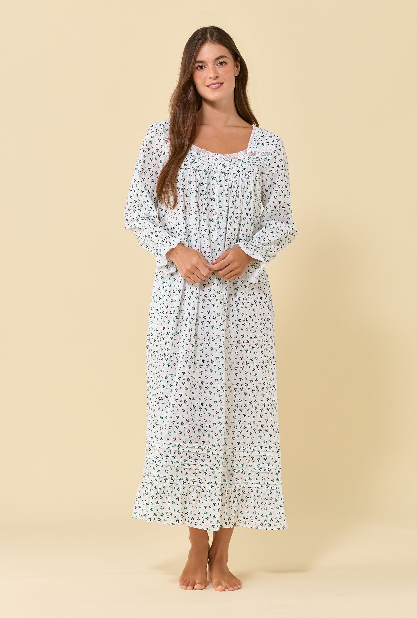 A lady wearing Meadow Sage 100% Cotton Woven Lawn Long Sleeve Ballet Nightgown looking front