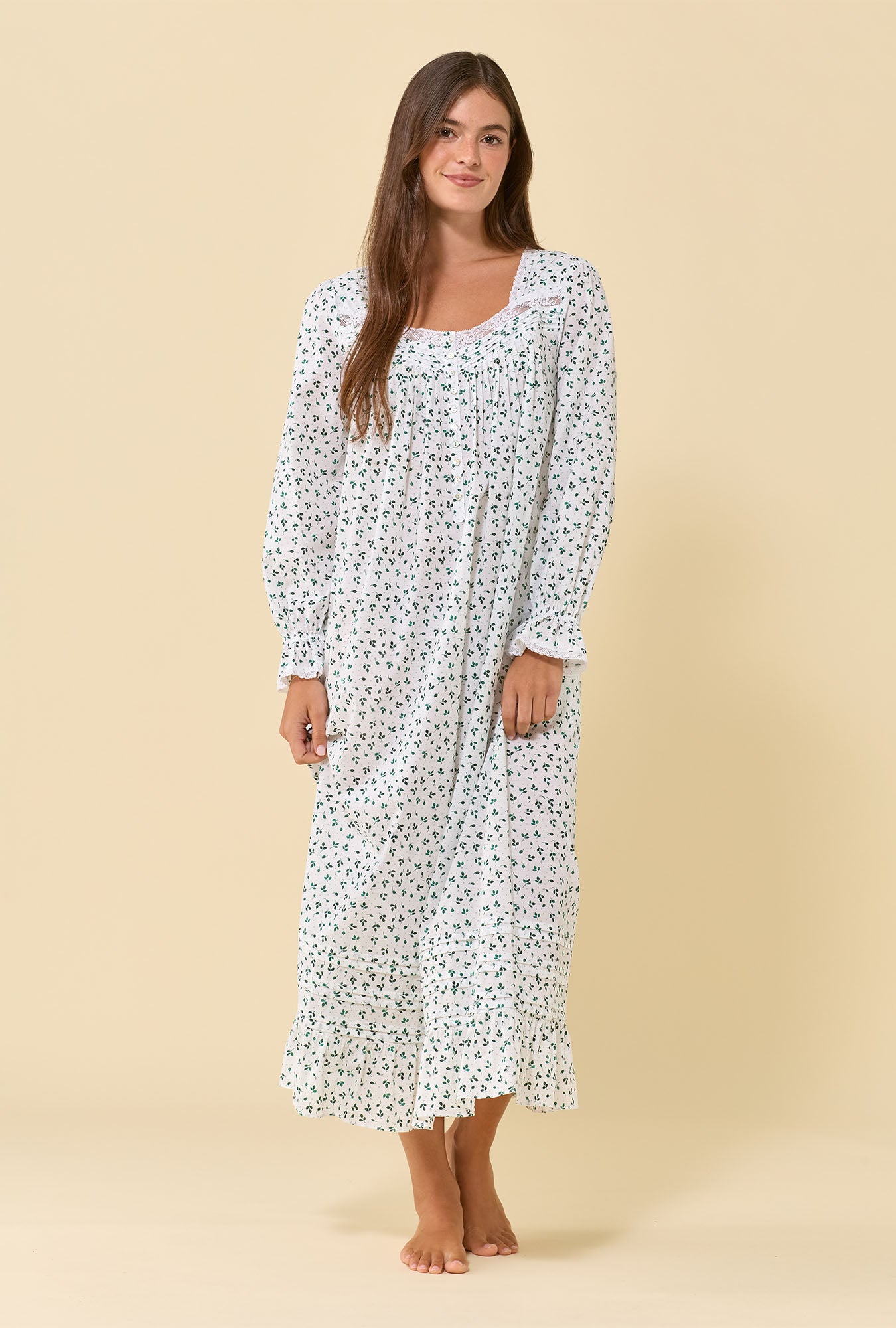 A lady wearing Meadow Sage 100% Cotton Woven Lawn Long Sleeve Ballet Nightgown