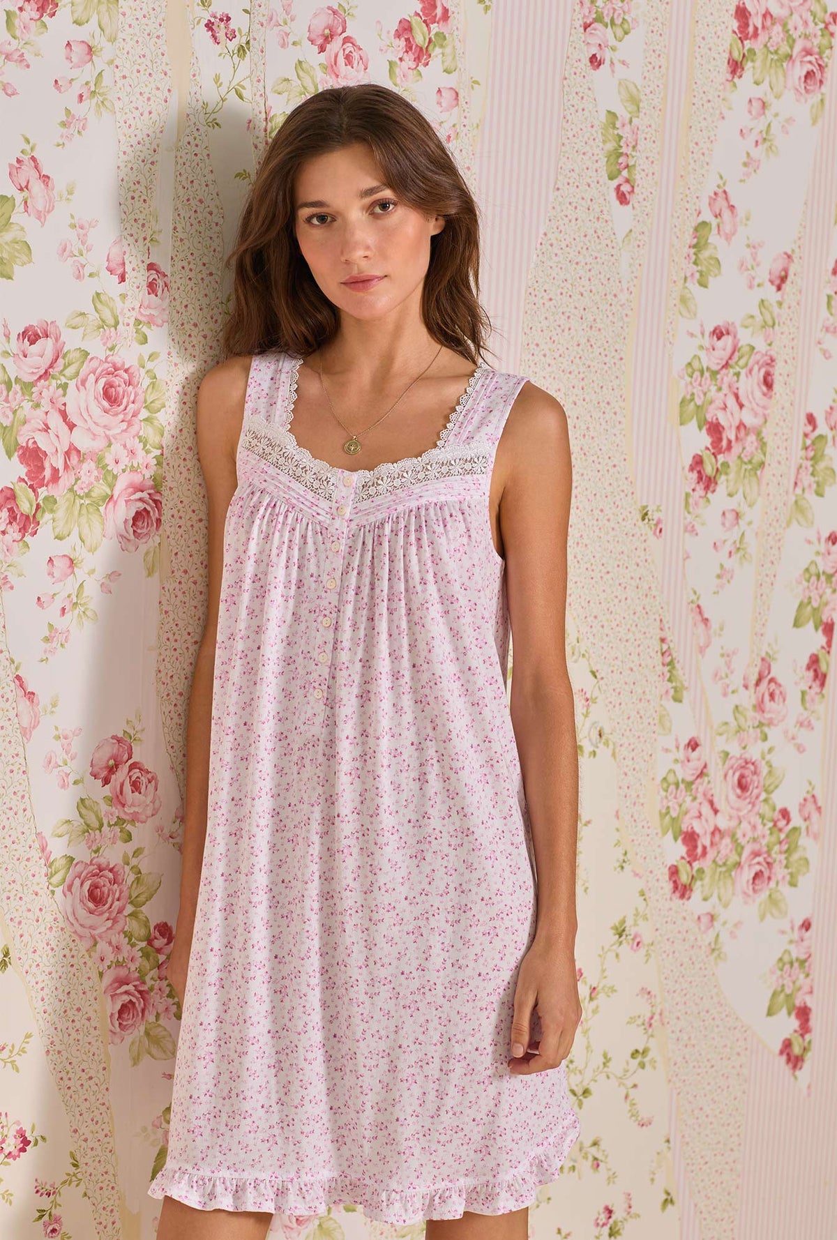 A lady wearing Cutesy Floral Cotton Modal Short Chemise