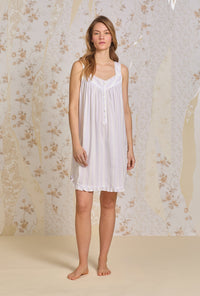 A lady wearing Montauk Stripe Ecovero™ Rayon Chemise