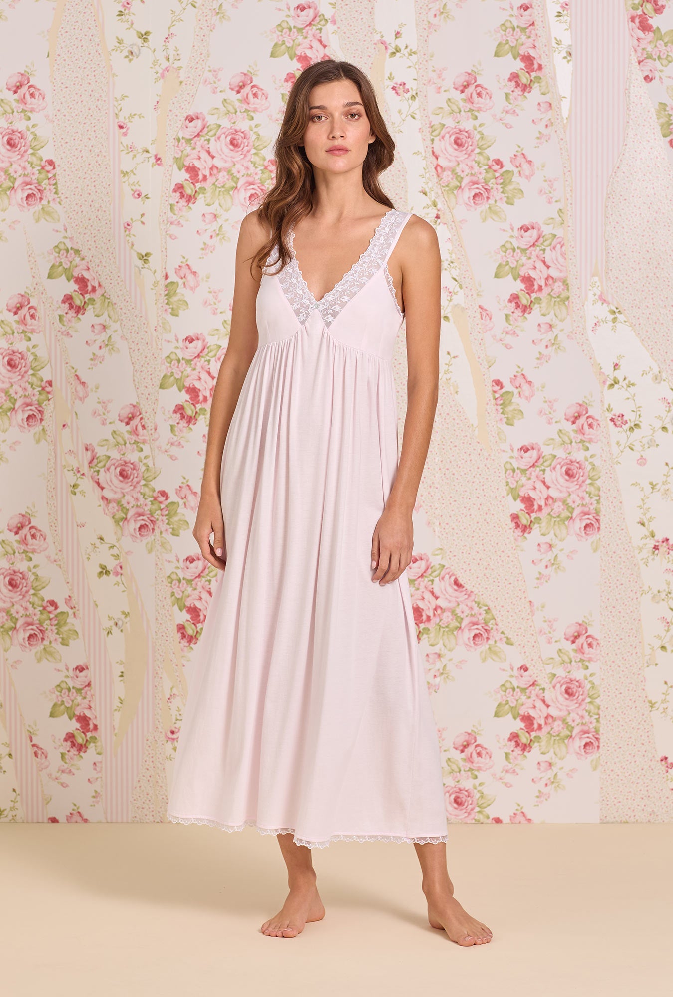 A lady wearing The "Lydia" Ballet Slipper Cotton Modal Ballet Nightgown
